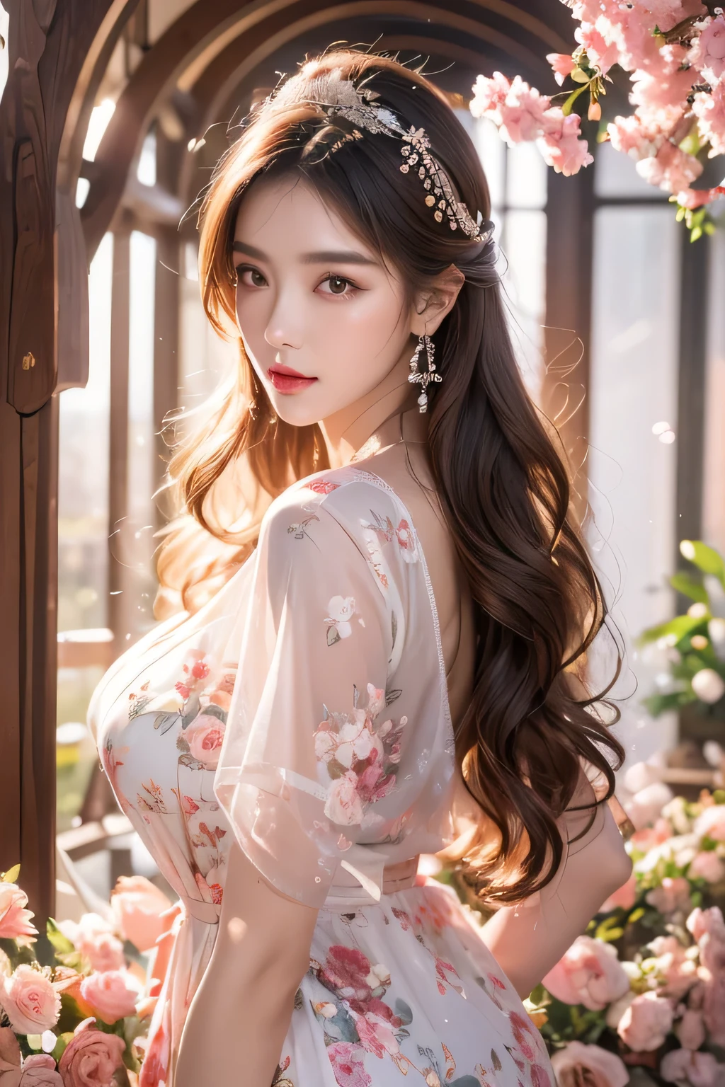 High-quality work,Realistic works,Super premium graphics,8K HD CG works,high quality graphics,High-definition and exquisite CG works,10x pixels,Ultra-fine details:1.1,Advanced technical details:1.1Realistic photo effects,Interior lighting effects:1.5,natural soft light:1.5. Light effect(Virtual light effects:1.8),Ultra-high resolution,shining dress,sliver long hair,silber hair,transparenthair,high detailed hair(Quality hair details:1.1)Clear eyes,Double eyelids look good,Sharp eye makeup, Create exquisite eyelash makeup, tthin eyebrows, Ultra-detailed eyes,a tall nose, lovely red lips, rosey cheeks, With delicate makeup on her face , pretty face, The face shape is perfectly proportioned,(Advanced facial details:1.1)1Girl,(standing,beautiful long_Slender_legs),(korean mixed,kpop idol:1.2),earrings,necklace,(long_brown_wavy_hair),pink_red_shiny_lips,eyelashes,make-up,shiny,Pore,skin texture,big breasts,smile, ((Watercolor floral print t-shirt with delicate and romantic blossoms in soft pastel shades,yoga pants)),((Incredible mountainous panorama, summer, Charming bridges, Rivers)),Dynamic pose,,Women's artwork,Dress full body video,Reality,Amazing Cleavage,My eyes are very bright today