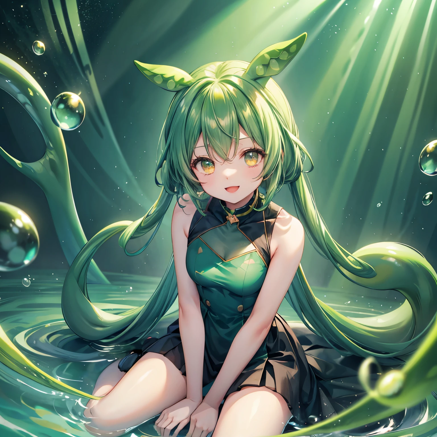 Dark green hair, eyes are yellow,Wavy Hair, Floating Hair, smile, Sitting, Open your mouth, Particles of light, Aqua Eye, Looking at the audience,