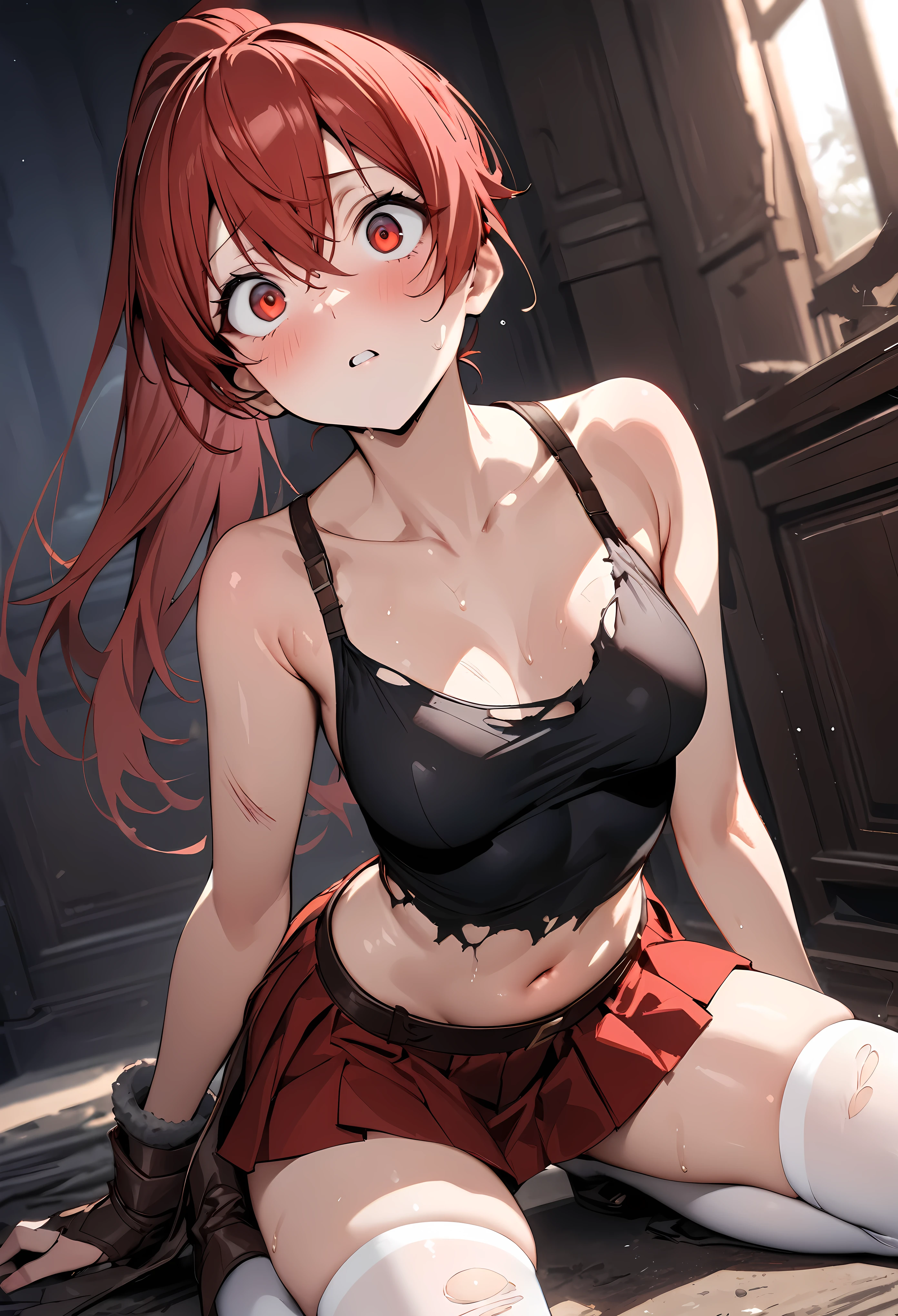 ((masterpiece, highest quality:1.3)),Thief、Invaded the mansion、cowboy shot,25 year old beauty,solo,((very small head)),red hair,ponytail hair,long hair,red eyes,blunt,skinny,medium breasts,((long body)),slender body,skinny,shiny skin,oily skin,Surprised、Looking up at the viewer、(Torn clothing),Tight black camisole、Crop length,navel、Short sleeve、Brown Leather Gauntlets、Pleated red mini skirt、white_thighhighs、Leather short boots、Injury、trap、kneeling,Old big mansion、