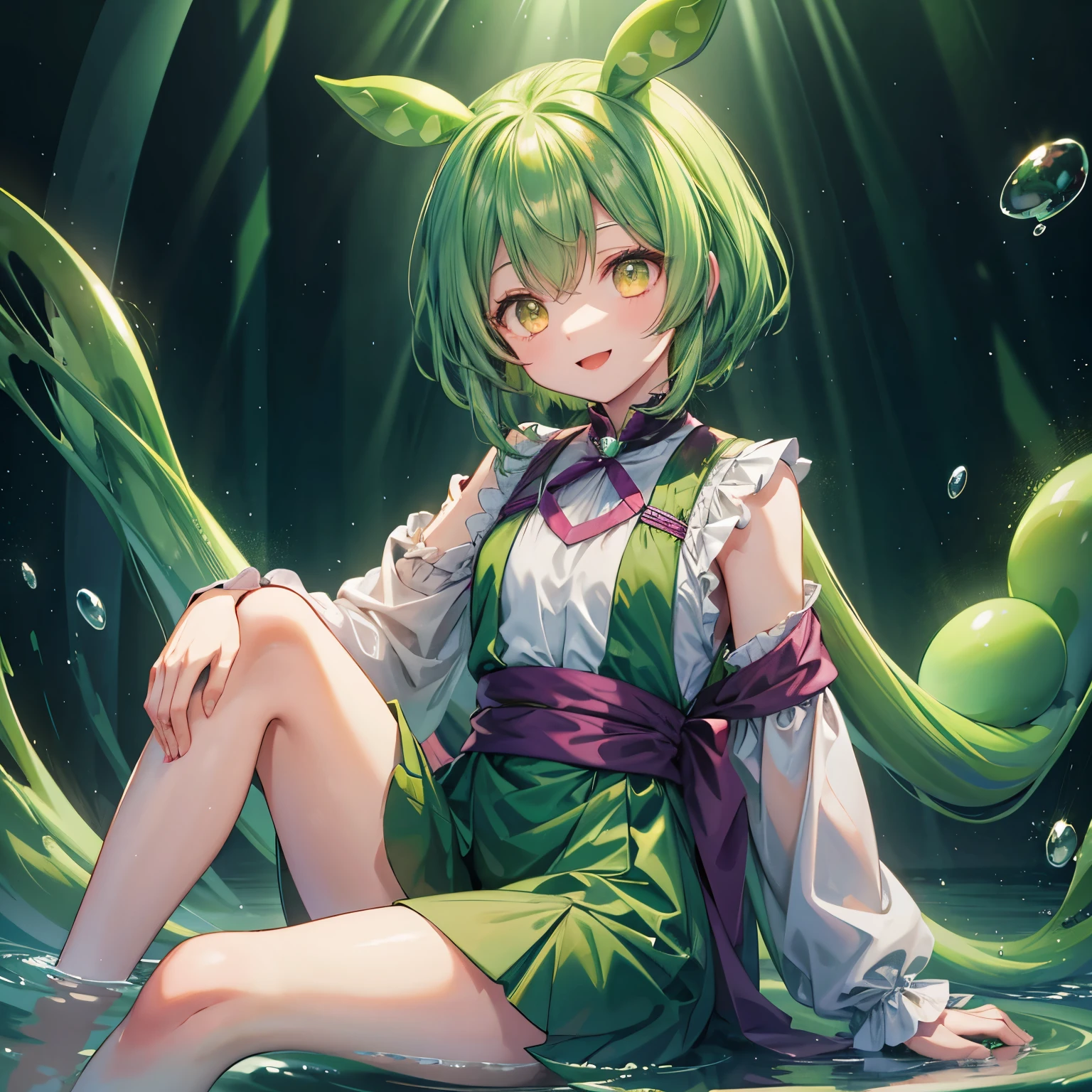 Dark green hair, eyes are yellow,Wavy Hair, Floating Hair, smile, Sitting, Open your mouth, Particles of light, Aqua Eye, Looking at the audience,
