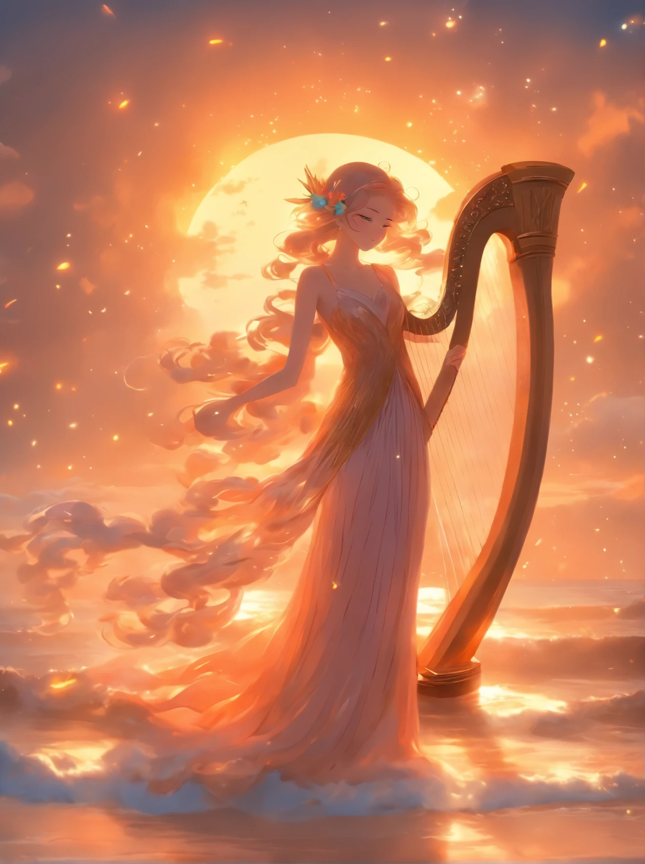 a woman in a long dress holding a harp on a beach, an anime drawing by Yang J, tumblr, fantasy art, very magical and dreamy, glowing angelic being, astral fairy, ✏️🎨, ethereal!!!!!!!, fairy aesthetics, with an harp, beautiful fairy, fantasy art style, ethereal fairytale, dreamy and detailed, ethereal angelic being of light