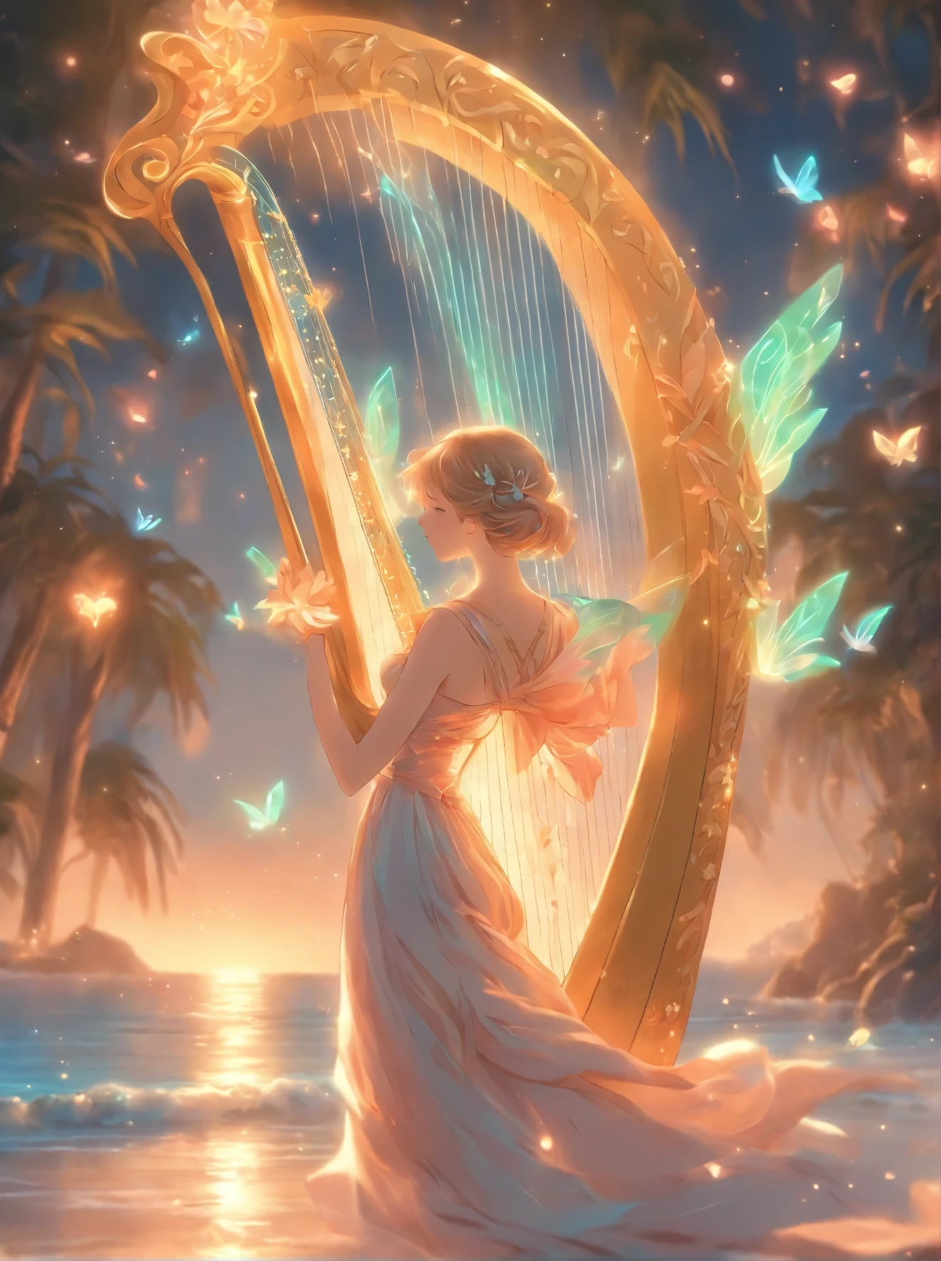 a woman in a long dress holding a harp on a beach, very magical and dreamy, glowing angelic being, astral fairy, ✏️🎨, ethereal!!!!!!!, fairy aesthetics, with an harp, beautiful fairy, fantasy art style, ethereal fairytale, dreamy and detailed, ethereal angelic being of light, playing harp in magical forest, ethereal!!!, ethereal glow