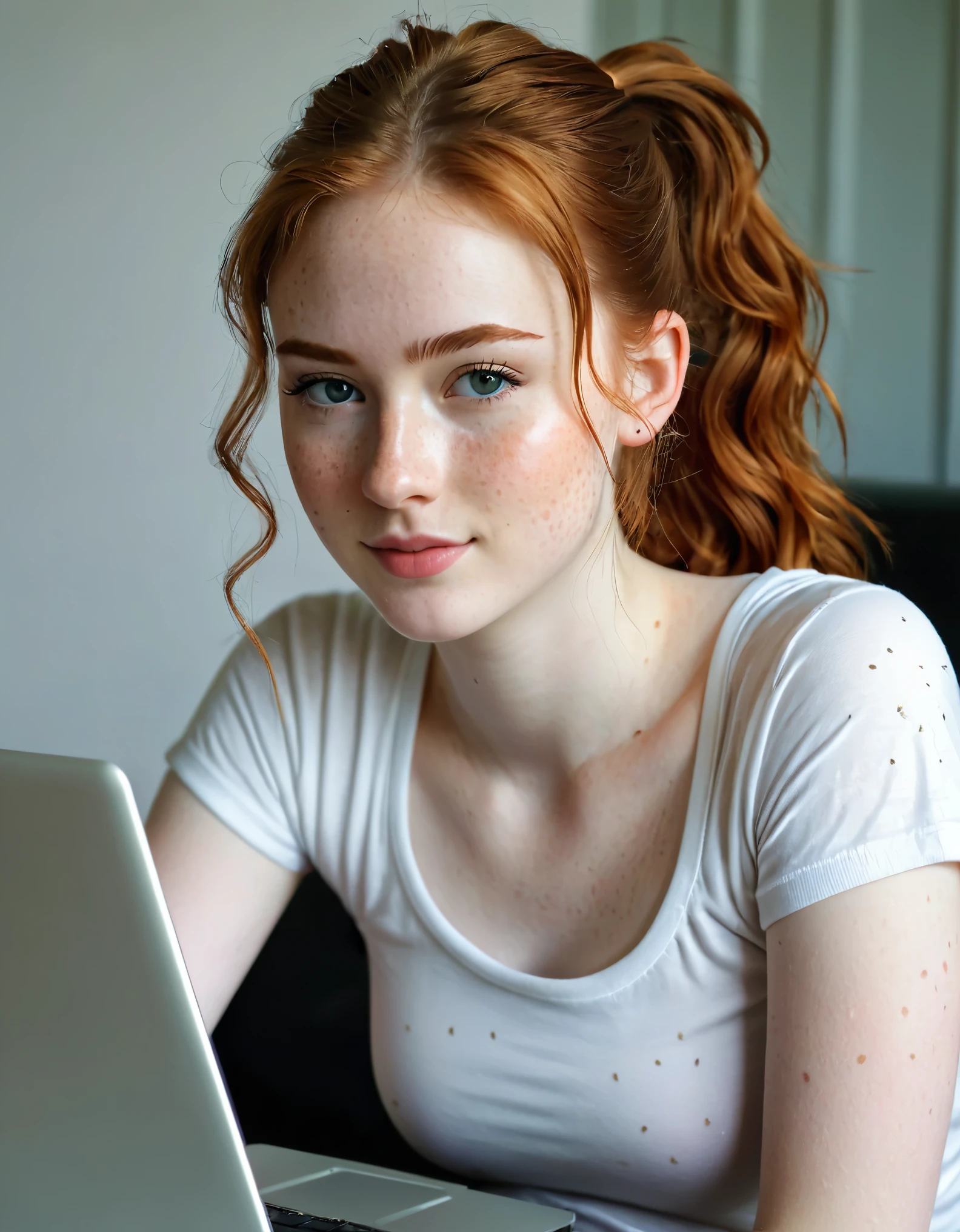 photography half body portrait of very beautiful realistic girl, sitting while working with laptop, -yeld, polain skin, very fair skin, very pale skin, redhead, wavy, ponytail, detail freckles skin, hazel eyes, slanted eyes, small nose, small nostril, thick curved eyebrow, thick bottom lip, seductive gaze, happy face, unique face, wear white t shirt, detail photo, realistic photo, master piece picture, sharp picture, outdoor clear daylight