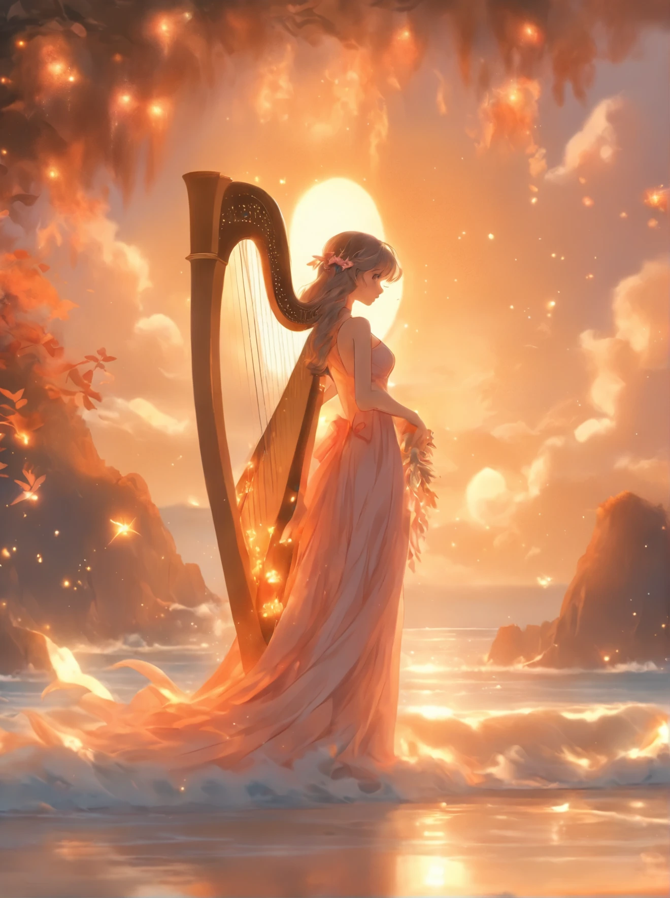 a woman in a long dress holding a harp on a beach, an anime drawing by Yang J, tumblr, fantasy art, very magical and dreamy, glowing angelic being, astral fairy, ✏️🎨, ethereal!!!!!!!, fairy aesthetics, with an harp, beautiful fairy, fantasy art style, ethereal fairytale, dreamy and detailed, ethereal angelic being of light