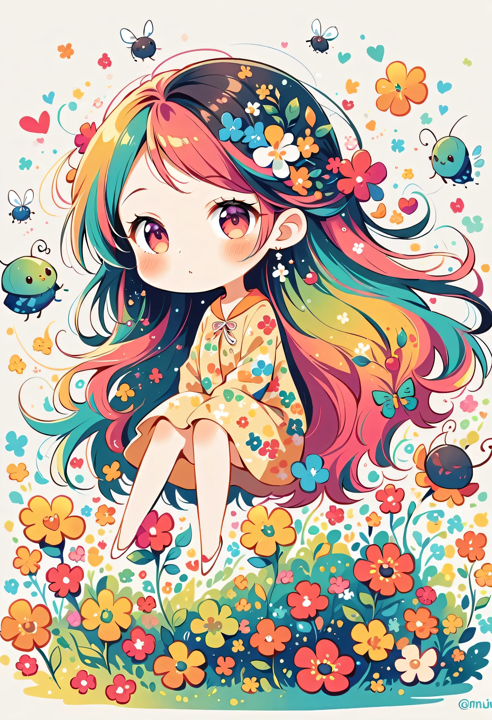 Yomu style, (((The most beautiful girl))), (((chibi))),colorful flowers, Cute and colorful pillbugs、Simple Line Initialism,Abstract art,Lots of friends