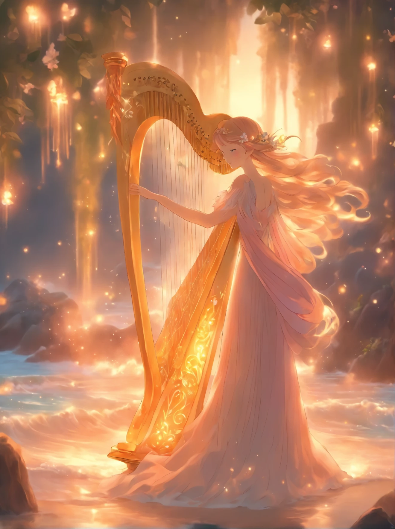 a woman in a long dress holding a harp on a beach, very magical and dreamy, glowing angelic being, astral fairy, ✏️🎨, ethereal!!!!!!!, fairy aesthetics, with an harp, beautiful fairy, fantasy art style, ethereal fairytale, dreamy and detailed, ethereal angelic being of light, playing harp in magical forest, ethereal!!!, ethereal glow