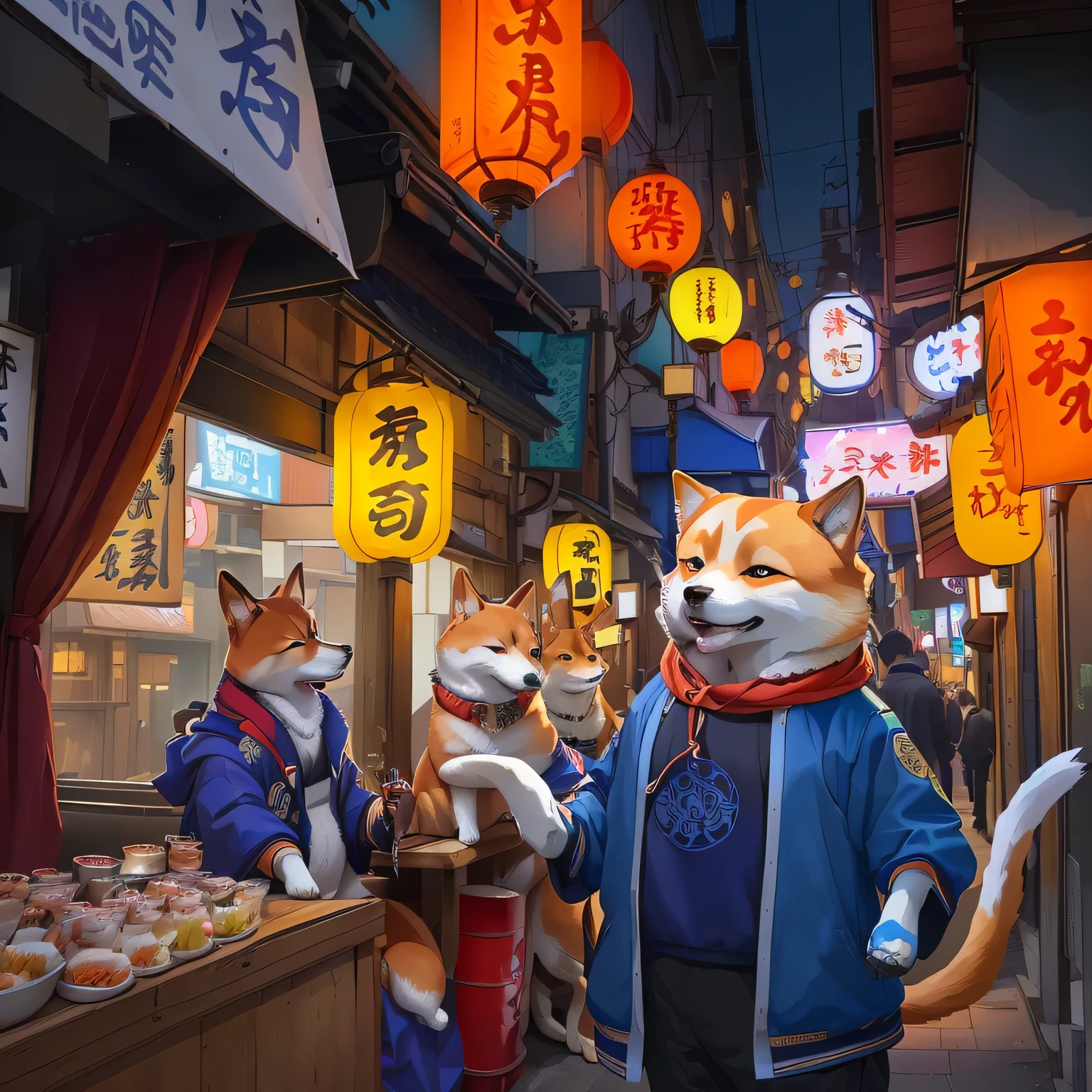 A cartoon of a Shiba Inu wearing a blue jacket standing on the street, Colorful Fox City, Tokyo izakaya scene, Japanese cartoon style, Traditional Japanese concept art, Inspired by Chi Mansion, Samurai Shiba Inu, Anthropomorphic Shiba Inu, Inspired by Hiroyuki Isoda, Japanese animation style, author:Yukika Kosaka