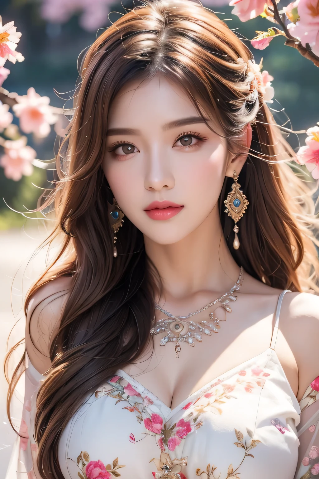 High-quality work,Realistic works,Super premium graphics,8K HD CG works,high quality graphics,High-definition and exquisite CG works,10x pixels,Ultra-fine details:1.1,Advanced technical details:1.1Realistic photo effects,Interior lighting effects:1.5,natural soft light:1.5. Light effect(Virtual light effects:1.8),Ultra-high resolution,shining dress,sliver long hair,silber hair,transparenthair,high detailed hair(Quality hair details:1.1)Clear eyes,Double eyelids look good,Sharp eye makeup, Create exquisite eyelash makeup, tthin eyebrows, Ultra-detailed eyes,a tall nose, lovely red lips, rosey cheeks, With delicate makeup on her face , pretty face, The face shape is perfectly proportioned,(Advanced facial details:1.1)1Girl,(standing,beautiful long_Slender_legs),(korean mixed,kpop idol:1.2),earrings,necklace,(long_brown_wavy_hair),pink_red_shiny_lips,eyelashes,make-up,shiny,Pore,skin texture,big breasts,smile, ((Watercolor floral print t-shirt with delicate and romantic blossoms in soft pastel shades,yoga pants)),((Incredible mountainous panorama, summer, Charming bridges, Rivers)),Dynamic pose,,Women's artwork,Dress full body video,Reality,Amazing Cleavage,My eyes are very bright today
