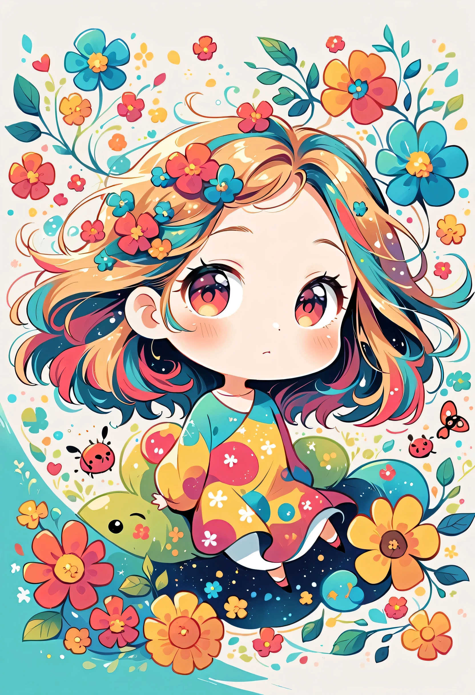Yomu style, (((The most beautiful girl))), (((chibi))),colorful flowers, Cute and colorful pillbugs、Simple Line Initialism,Abstract art,Lots of friends