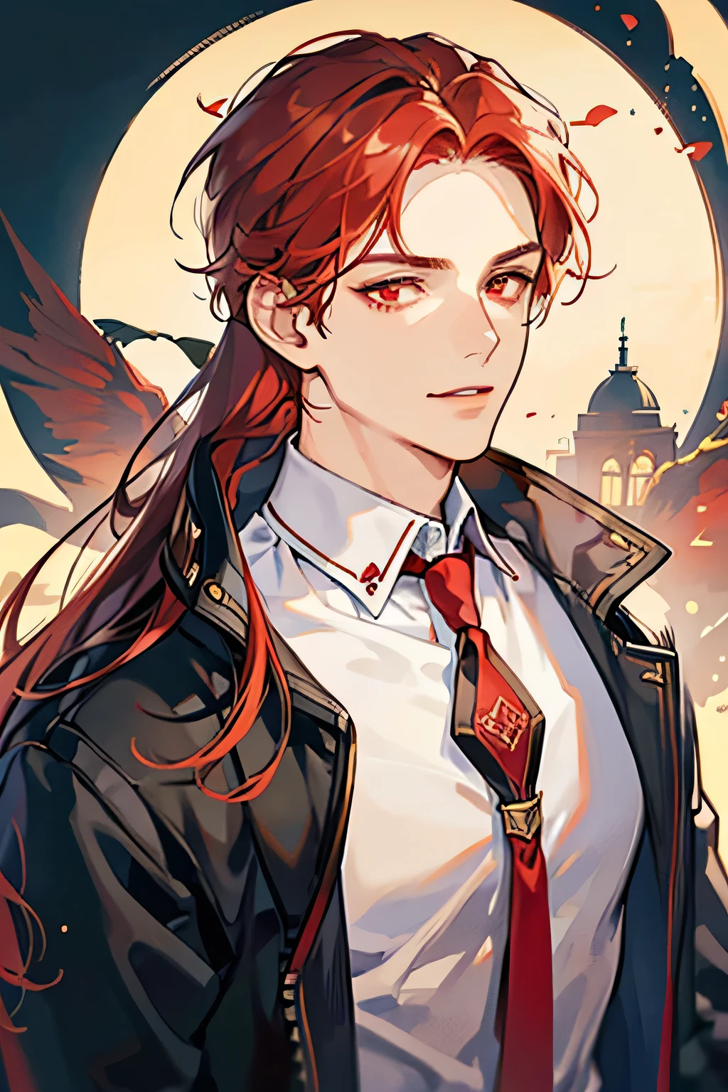 masterpiece, best quality, 1man, mature male, quiet and charming young man, 25 year old, closed mouth, portrait, extremely detailed face, closed mouth, lips nude ((red eyes)), ((long--red hair)), [thick eyebrows], handsome, half body, with Polo shirt black and coat brown, look at camera, fantasy, vampire, smirk, red wizard, big body, look at camera, perfect eyes