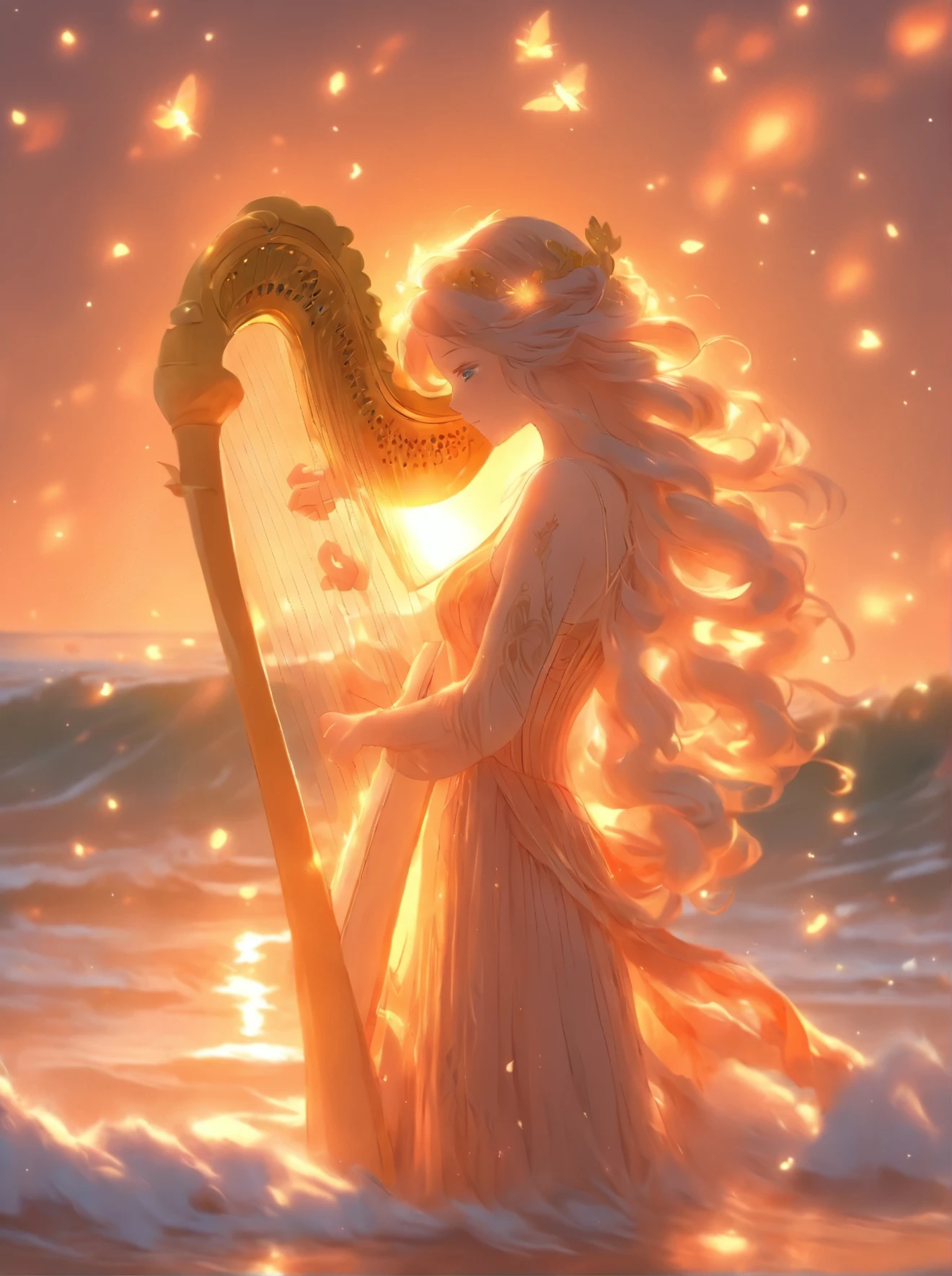 a woman in a long dress holding a harp on a beach, an anime drawing by Yang J, tumblr, fantasy art, very magical and dreamy, glowing angelic being, astral fairy, ✏️🎨, ethereal!!!!!!!, fairy aesthetics, with an harp, beautiful fairy, fantasy art style, ethereal fairytale, dreamy and detailed, ethereal angelic being of light