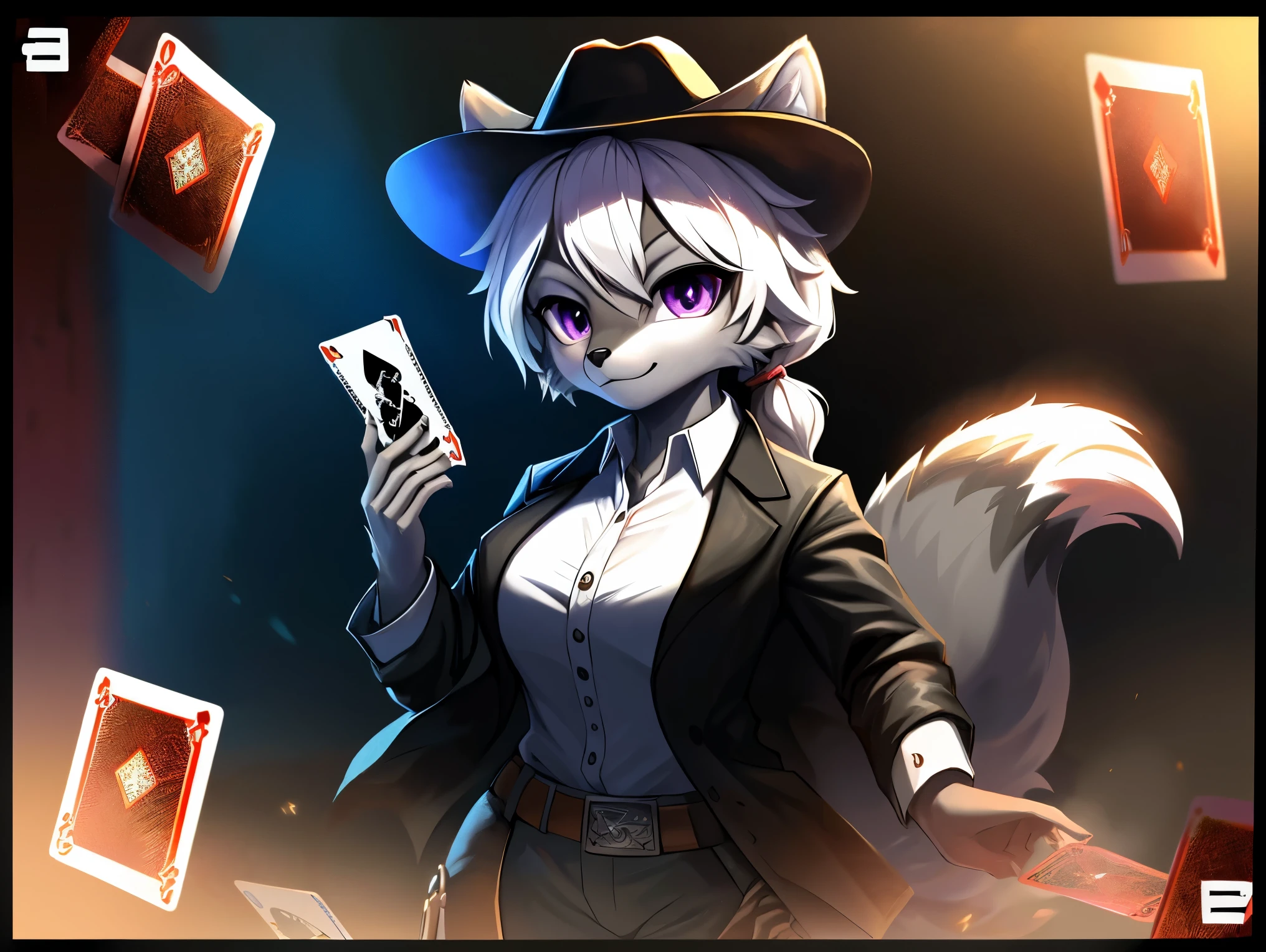 fox, female, solo, white hair, ponytail, ((grey fur)), (purple eyes), breast, ((black gambler clothes)), black coat, (((large cowboy hat))), (((black cowboy hat))), purple handkerchief, card background, card frame, nameplate, Very good figure, best quality, highres, 16k, Natural soft light, Tyndall effect, Advanced film lighting, Unreal Engine5, Extremely realistic, A high resolution, perfect masterpiece, high quality, high resolution