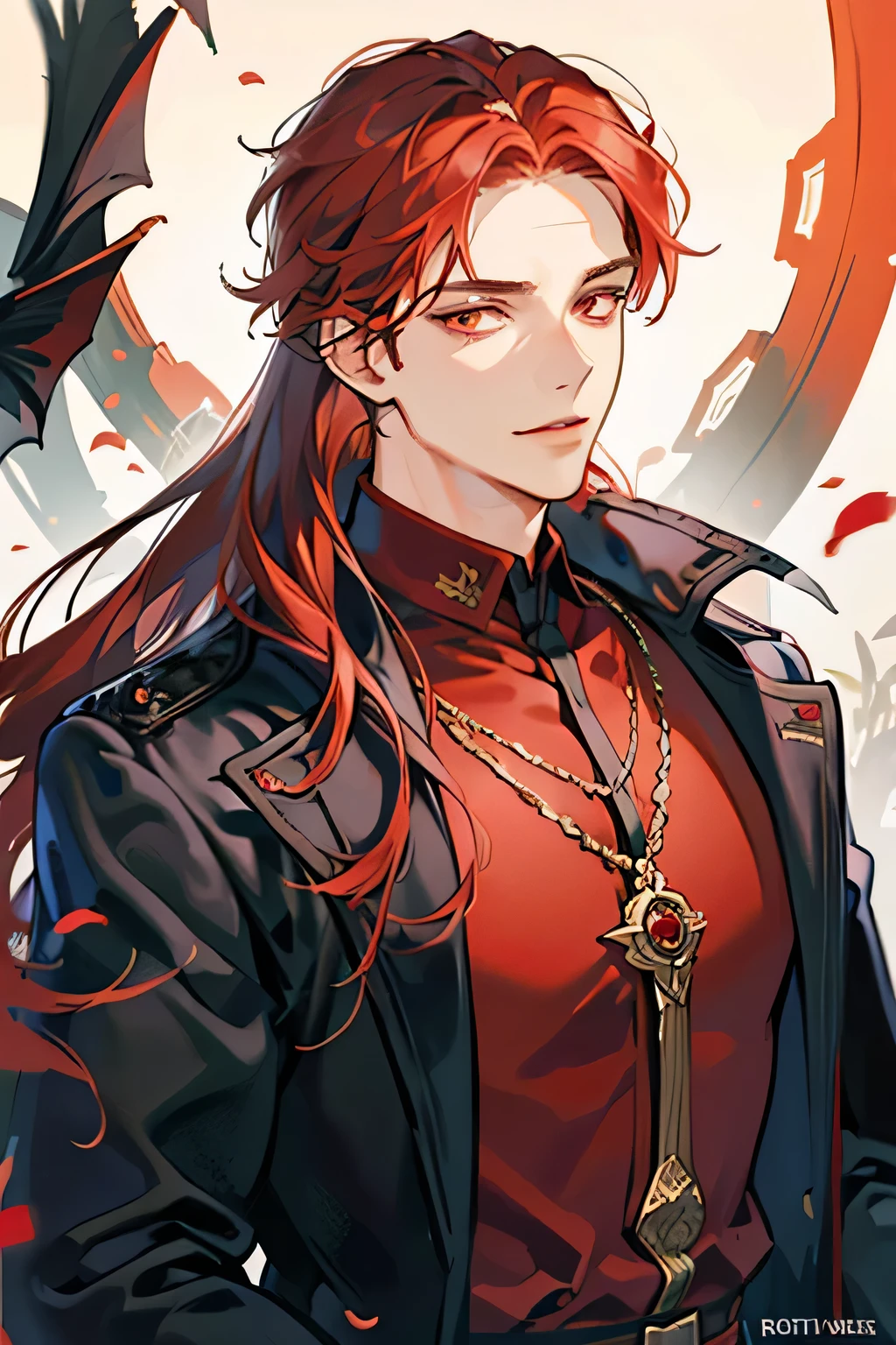 masterpiece, best quality, 1man, mature male, quiet and charming young man, 25 year old, closed mouth, portrait, extremely detailed face, closed mouth, lips nude ((red eyes)), ((long--red hair)), [thick eyebrows], handsome, half body, with Polo shirt black and coat brown, look at camera, fantasy, vampire, smirk, red wizard, big body, look at camera, perfect eyes