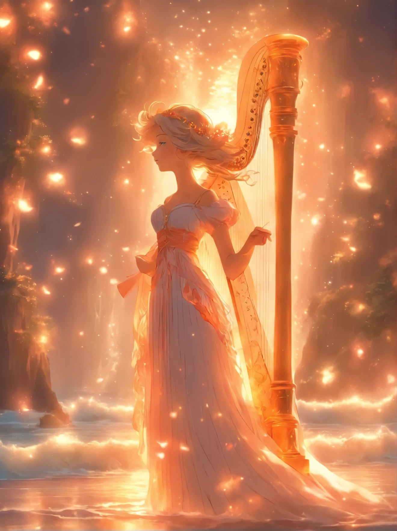 a woman in a long dress holding a harp on a beach, very magical and dreamy, glowing angelic being, astral fairy, ✏️🎨, ethereal!!!!!!!, fairy aesthetics, with an harp, beautiful fairy, fantasy art style, ethereal fairytale, dreamy and detailed, ethereal angelic being of light, playing harp in magical forest, ethereal!!!, ethereal glow