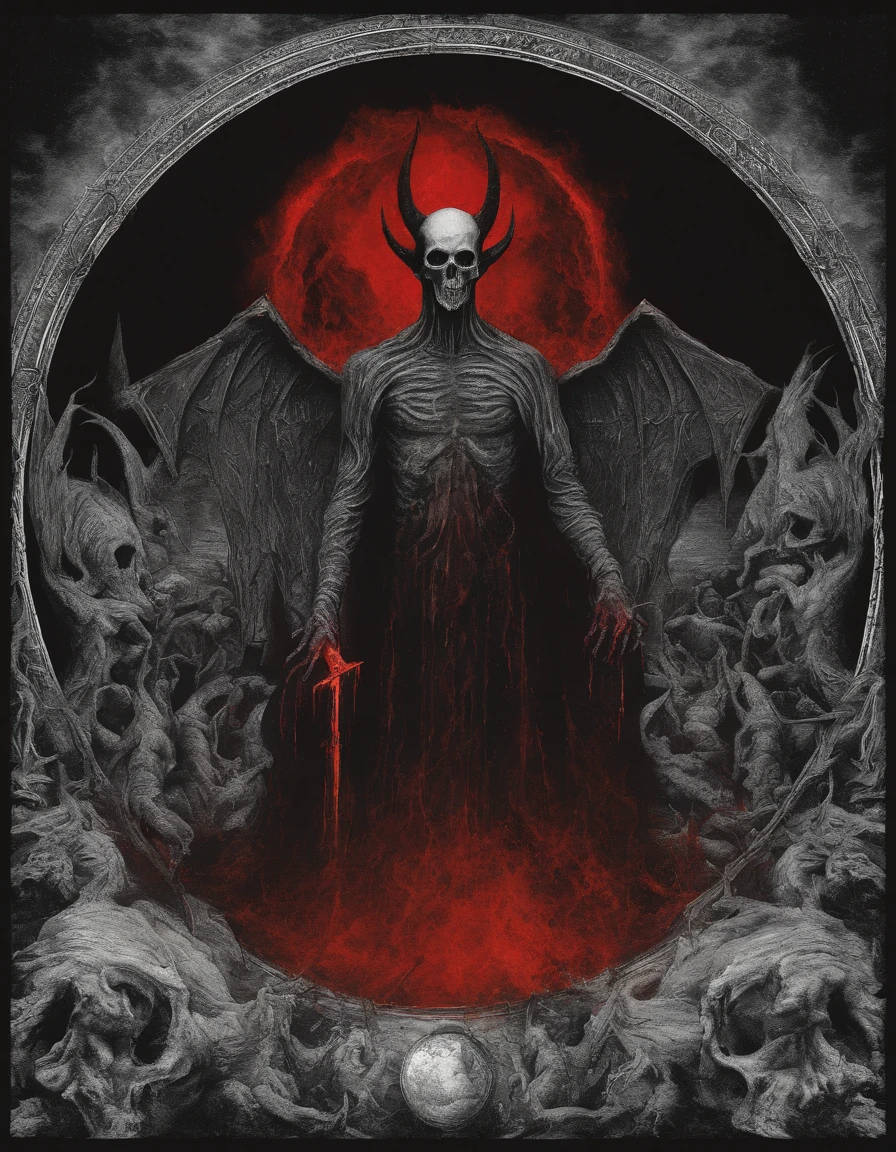 ((Hell God)), lucifer, black face, no face, ((red fire eyes)), giant hell lord, ((circle light symbol)), behind head, dark fantasy art, ((death metal album cover)), ((brutal art)), ((gore)), ((fire)), blood, lord of hell, ((diablo)), ((satanic)), ((lot hands)), ((suicide silence))