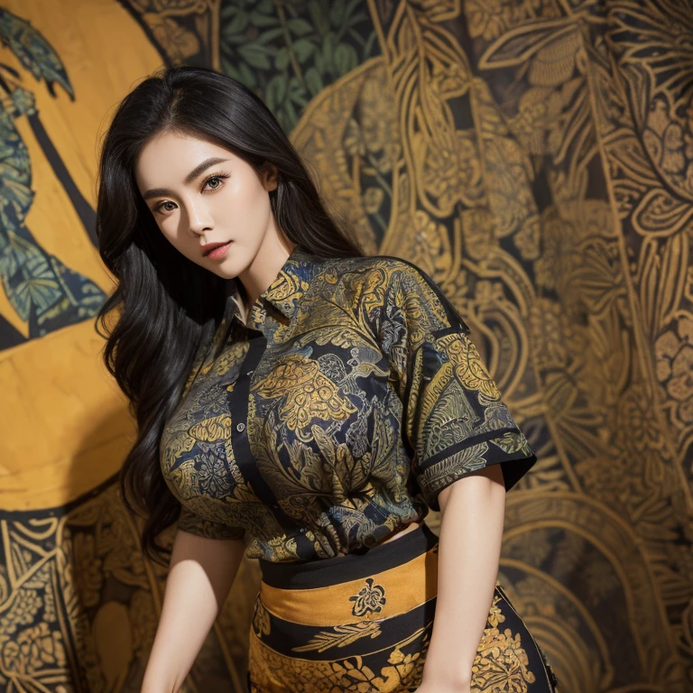 (masterpiece), (best quality), (digital painting), wide shot angle, 1 beautiful woman, thick eyebrows, curled eyelashes, facial details, long hair, Huge breasts, ((black batik shirt, cloth_pattern)), repeating pattern design, black short skirt, hips, background, shop street, 