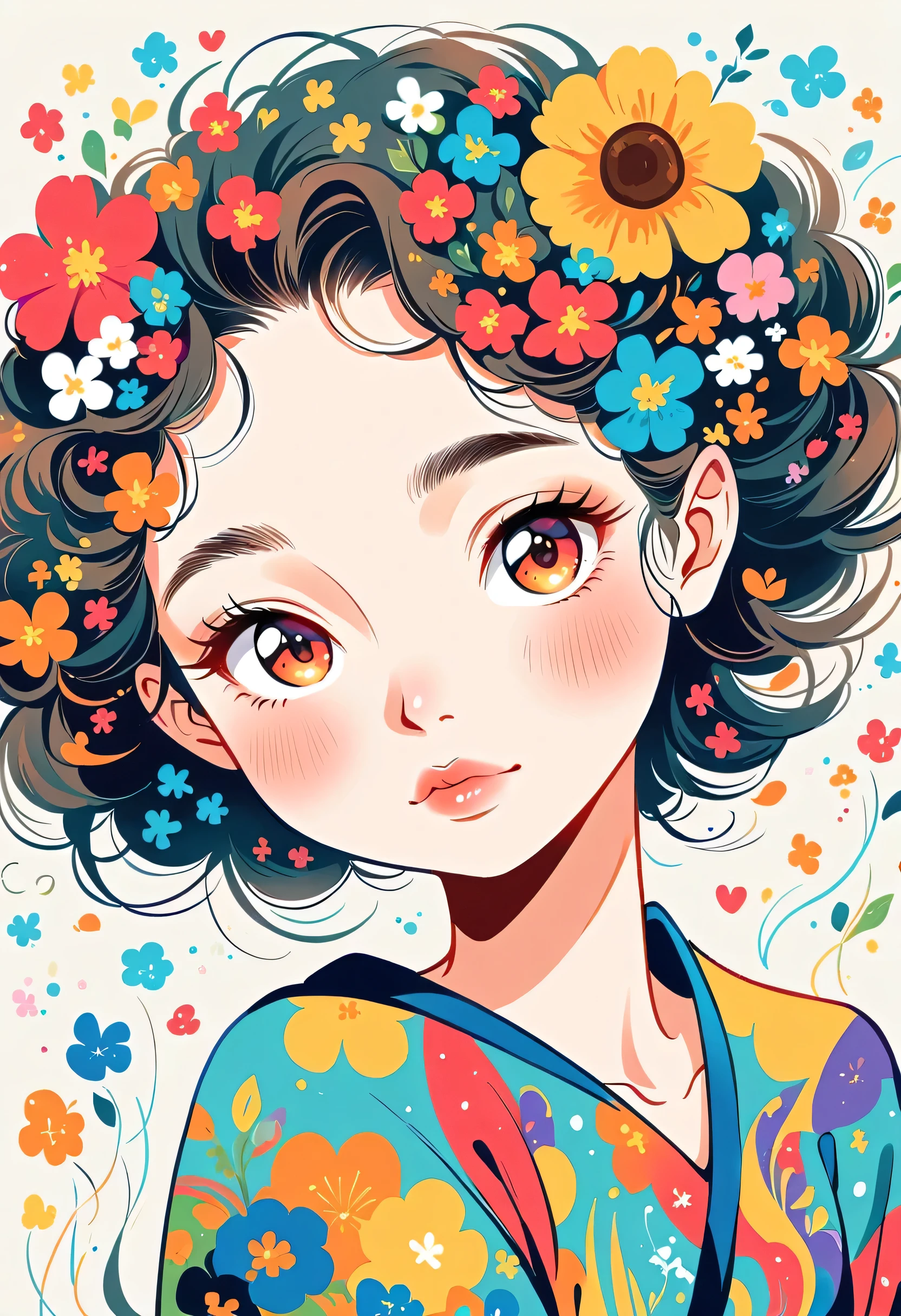 Yomu style, The most beautiful girl of all time,Lips in Love, colorful flowers, Simple Line Initialism,Abstract art,Urban Background