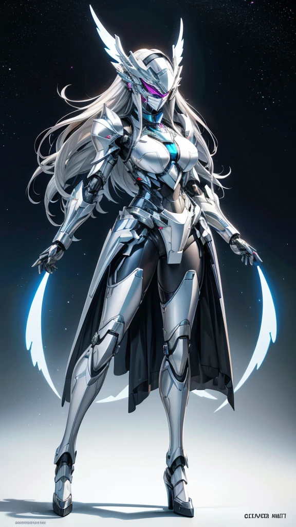 Large female robot with long hair , Silver sci-fi fluorescent armor,helmet ,metal mask,chest,female body,Mechanical joints,wing,Iron skirt,thigh, High heel, Standing,front,,Space(masterpiece, best quality, high quality, High resolution, Extremely detailed),