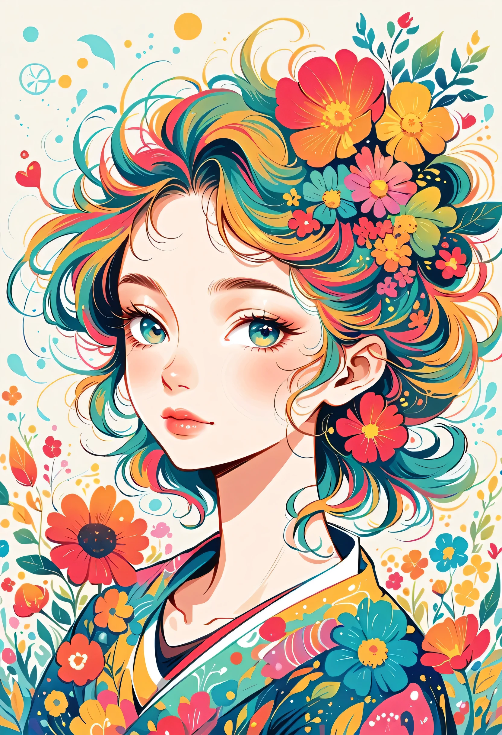 Yomu style, The most beautiful girl of all time,Lips in Love, colorful flowers, Simple Line Initialism,Abstract art,Urban Background