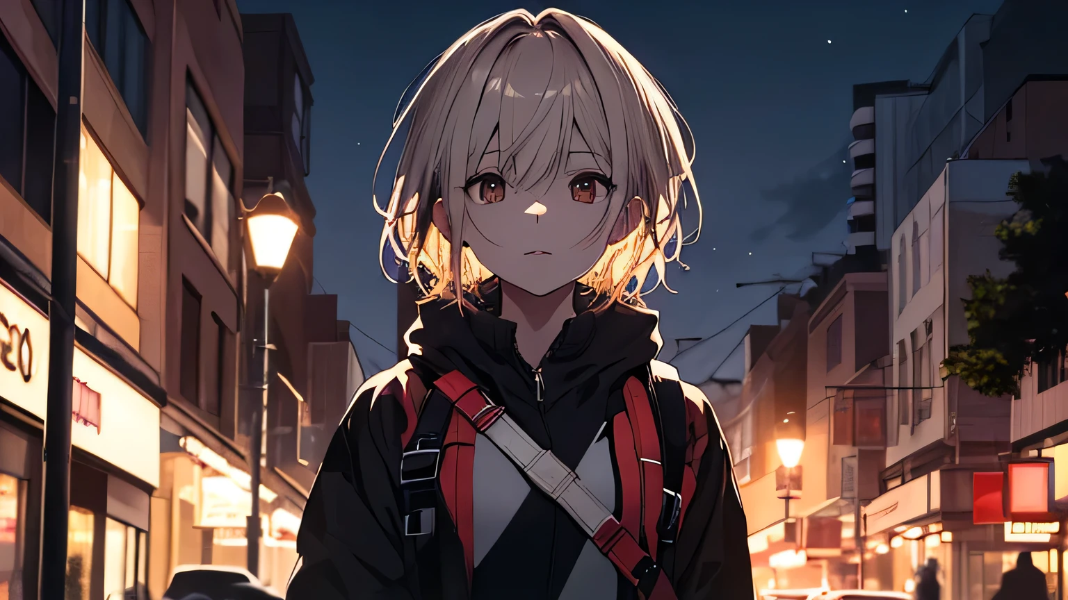 (masterpiece, highest quality, highest quality, Official Art, beautifully、beautiful:1.2), 1 girl,Before Dawn,Night City,Stroll through the downtown area,Cute older sister,Upper Body,front,short hair,