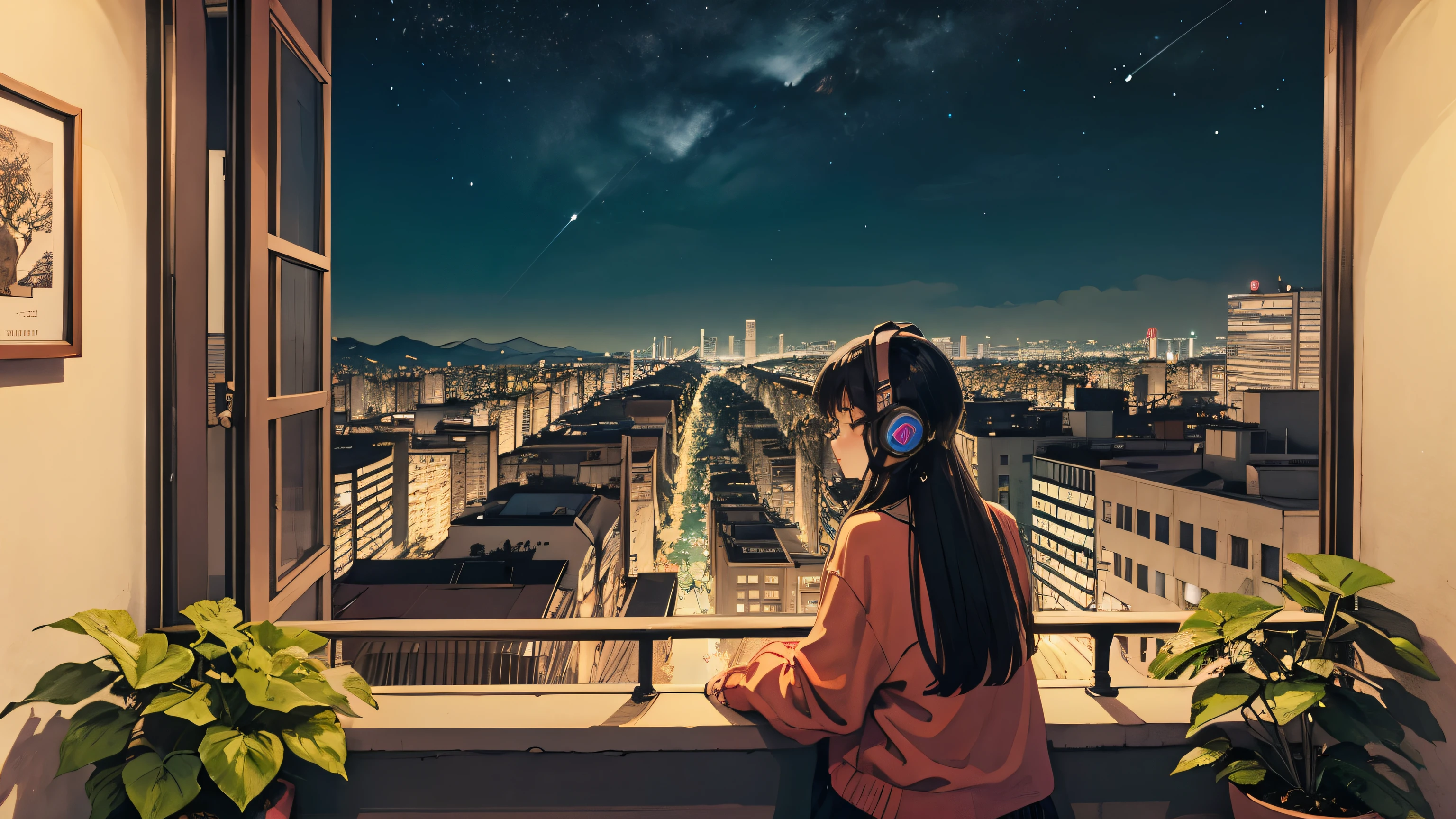 1 girl, 90s anime style, night, star, Balcony of an urban apartment、Girl wearing headphones, late night , Listening to music alone, City Pop, high quality,  Beautiful night view、Lo-Fi, Chill, late night,City night view、A stylish balcony、Foliage plant、 futuristic night view outside the window, 