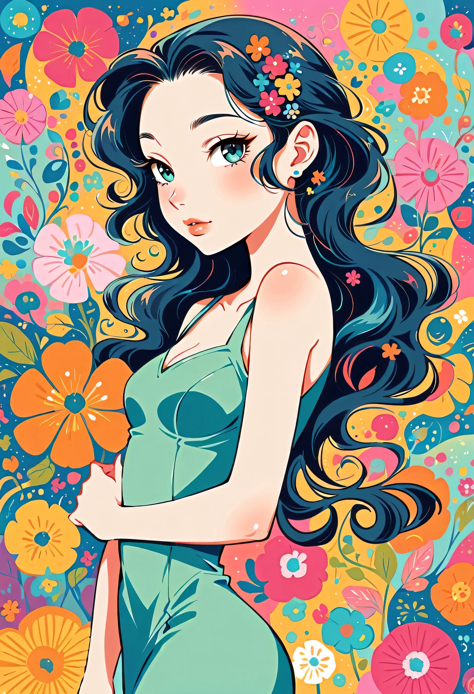 Yomu style, The most beautiful girl of all time，Lips in Love, colorful flowers, Simple Line Initialism，Abstract art，Urban Background