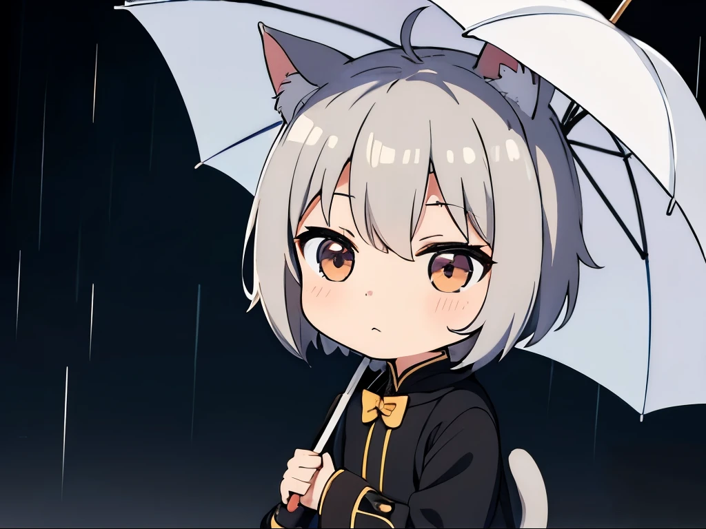 (chibi:1.3),Cat ear,rain,umbrella,whole body,after that,masterpiece, A world where magic and technology coexist, Cat earの男(Gray Hair, short hair) ,boy,Hone your skills,Let's go on a journey to uncover the secrets of power., Beautiful Eyes,depicted in detail. The magician makes the most of the potential of his abilities.,We must learn how to unlock the true potential of modern magic,masterpiece, Cat earの男,Gray Hair, short hair),depicted in detail,