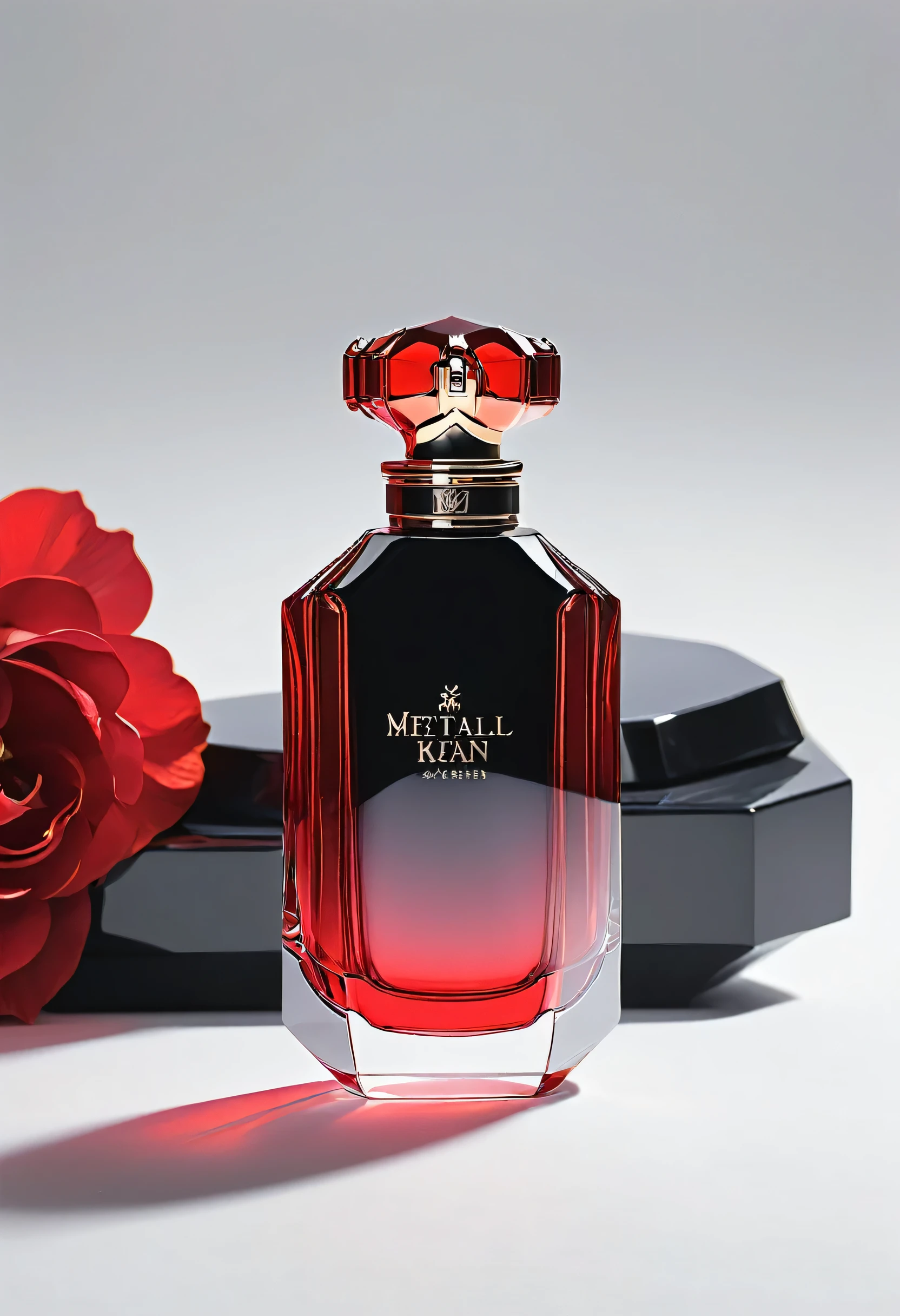 (masterpiece, highest quality, highest quality, Official Art, beautifully),(8k, highest quality, masterpiece:1.2),(((No humans))), CG products asw, No humanetallic))), (((Attach metallic ribbon)))、White background、Red and black theme、Depth of written boundary,Blurred (((Whitebackground)))、Spotlight、One perfume、The contents of the perfume shine beautifully、Bright and overall、The bottle design is simple and small.、The cap is black。(((Perfume logos are a must『Crimson』)))Do not enter any other characters。Crimson、((Only one bottle))