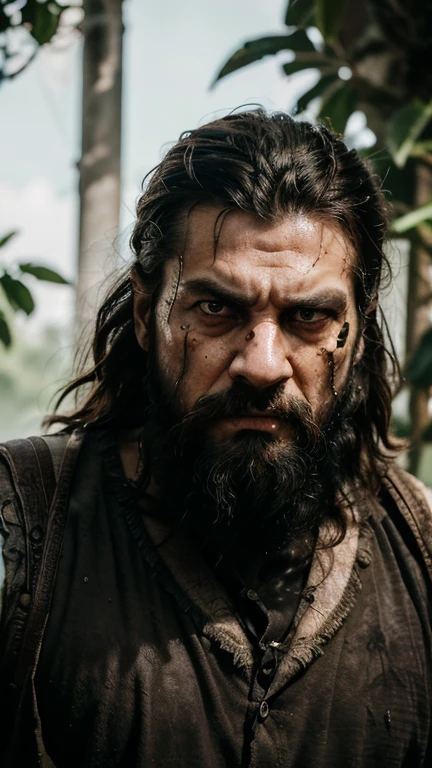 A angry older man, short waive black hair, screaming, looking directly at camera, dark eyes, strong jawline, in a jungle, cinematic composition, photorealistic, 8k, high quality, award winning, angry face, detailed angry face, latin american man, old dirty clothes, smoky atmosphere, ultra realistic, worn clothes , anger face,detailed maddness on hes face, detailed face, screaming , mad, angy, looking at the camera, high resolution, absurd resolution, long black beard, facial hair, detailed long black bearded, smoky atmosphere, detailed atmosphere, long viking style black beard, long beard, super angry, terror, scary movie scenery, long facial hair, dirt on hes face, absurd dirt detail on hes face, highly detailed long beard, dark, detailed mad face, wrinkles, scary movie, villain, mad man, crazy angry.