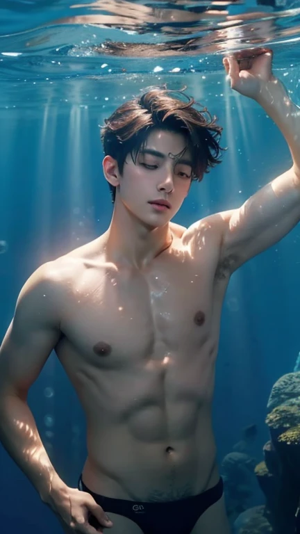 Create an image of a handsome jungkook immersed in deep meditation underwater, completely nude. The man's serene expression reflects his inner peace as he floats effortlessly beneath the surface, surrounded by the gentle embrace of the water. The underwater scene is depicted with tranquil blue hues, with shafts of sunlight filtering down from the surface, casting an ethereal glow. Bubbles rise gently from the man's lips as he breathes calmly, his body weightless and suspended in the tranquil depths. Despite his nudity, there's a sense of purity and tranquility to the scene, as the man connects with the elemental forces of water and breath in his meditative state. real anatomy, hyper detail penis