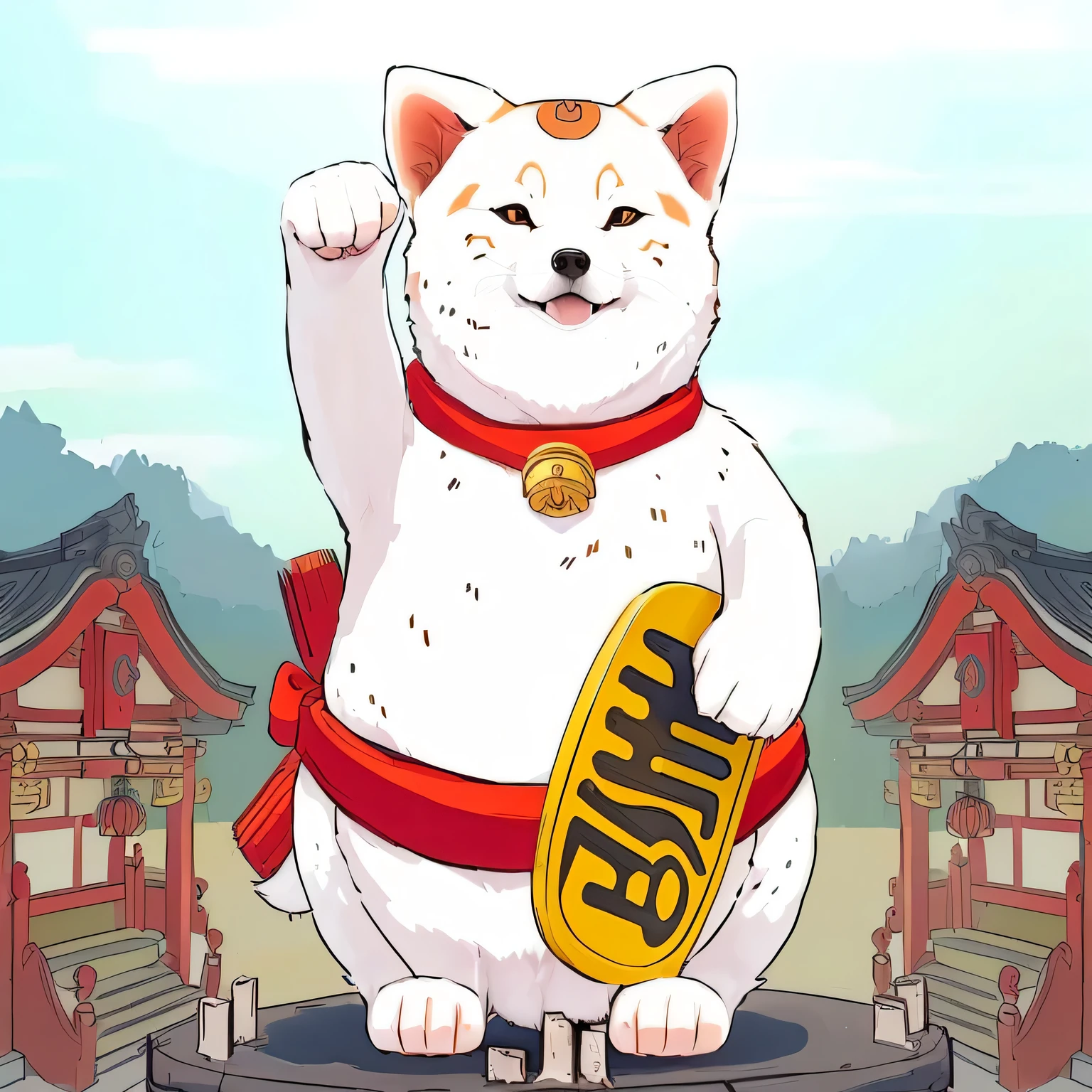 Cartoon Shiba Inu holding a skateboard in front of a Japanese temple, Cute Shiba Inu animation visual, Anime Shiba Inu, Moogle from The Legend of Korra, Inspired by Gatōken Shunshi, Japanese animation style, Japanese cartoon style，A Shiba Inu stands in the middle，Shiba Inu head