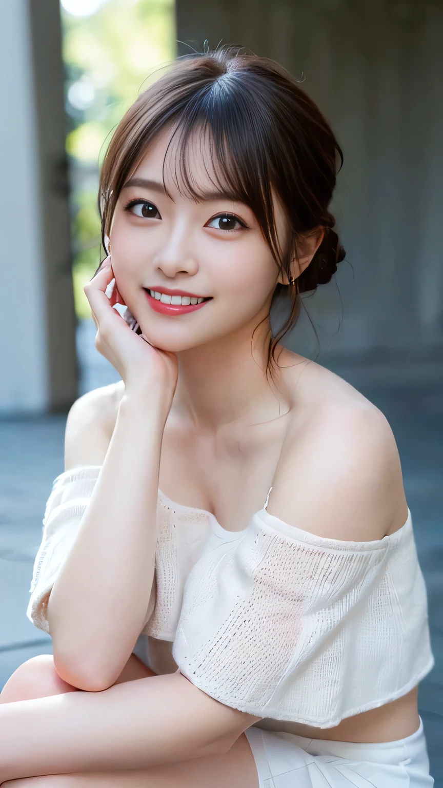 Tabletop, highest quality,
Super detailed, In detail, High resolution, In 8K,
((Photorealistic:1.4, Raw photo, 超A high resolution,Best image quality: 1.4)),
wallpaper,
((Perfect body composition 1.5)),
((Beautiful fine details, Natural color lip、Beautiful face、Gaze looking at the camera、Eyelashes、Big eyes、Clear double eyelids、Teardrop Mole、Glowing Skin、Beautiful skin quality、Lip gloss)),
((Big smile:1.5)),
((Random cute hairstyles)),
((A white off-the-shoulder knit top worn down to the shoulders:1.5)),
((Random Color Micro Mini Skirt:1.5)),((Large Breast Size、Cleavage:1.2)),
((((:1.5)))),
((Sitting cross-legged:1.5)),
((Proudly、Eyeballs under the arms:1.6)),
((from the front)),
((Randomly blurred background)),
((Random and cute expressions:1.5)),,
((((One woman:1.5))))
Highly detailed and professional lighting、
((I can see your thighs:1.5))