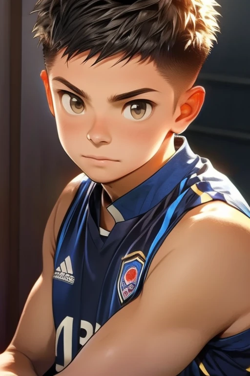 soccer uniform, 18 years old, sleeveless, ground, Short spiked hair, crew cut hair, Cute, Young, Asian, Japanese role-playing game style, 