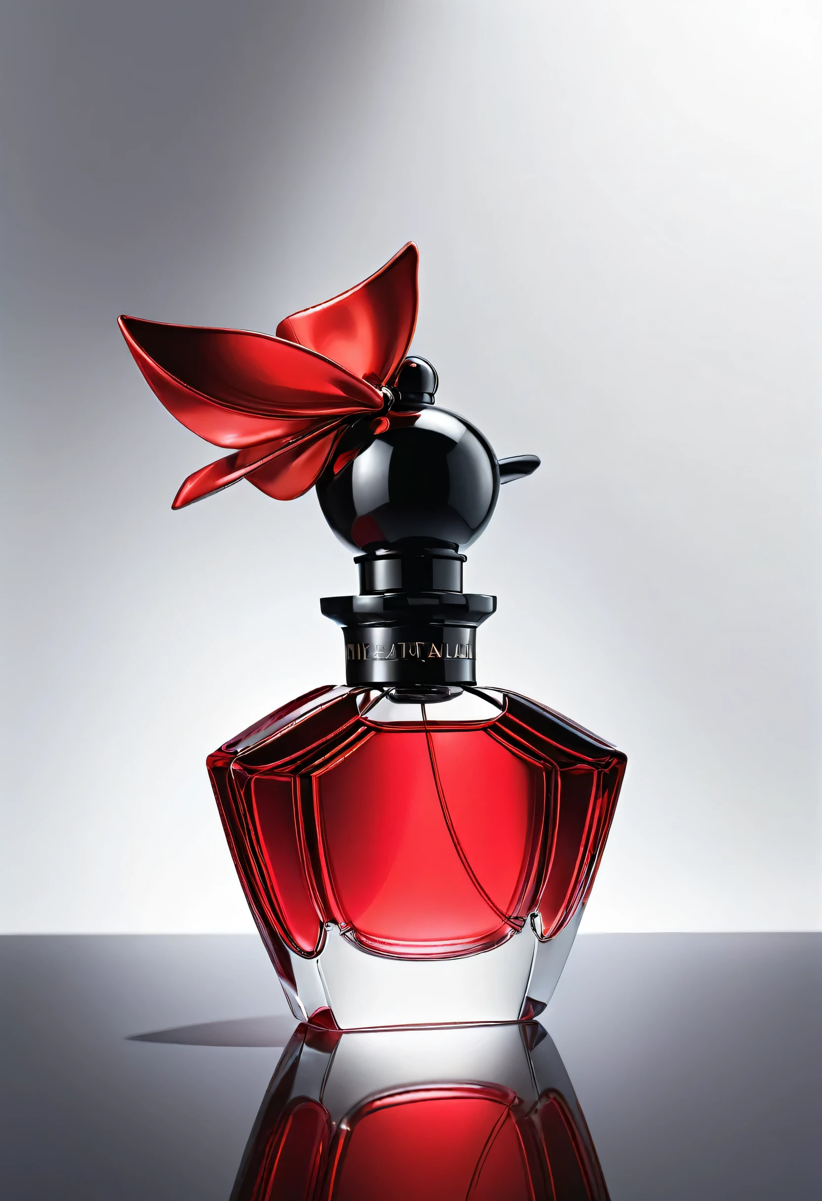 (masterpiece, highest quality, highest quality, Official Art, beautifully),(8k, highest quality, masterpiece:1.2),(((No humans))), CG products asw, No humanetallic))), (((Attach metallic ribbon)))、White background、Red and black theme、Depth of written boundary,Blurred (((Whitebackground)))、Spotlight、One perfume、The contents of the perfume shine beautifully、Bright and overall、The bottle design is simple and small.、The cap is black。(((Perfume logos are a must『Crimson』)))Do not enter any other characters。Crimson、((Only one bottle))