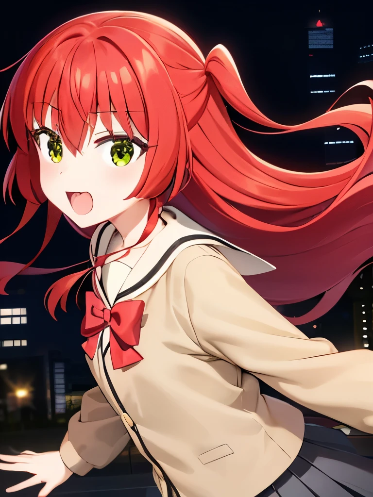 aaikuyo, long hair, one side up, , sailor collar, red bowtie, (brown shirt:1.2), buttons, long sleeves, pleated skirt, black skirt, A city scape, face of happiness, smile mouth 