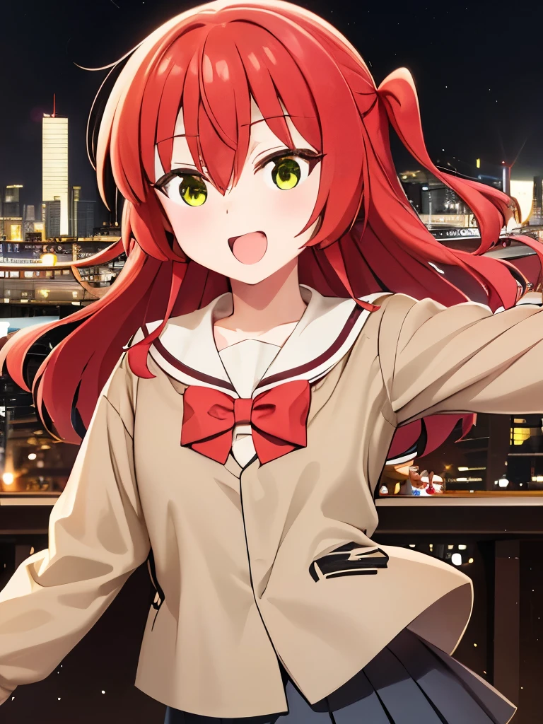 aaikuyo, long hair, one side up, , sailor collar, red bowtie, (brown shirt:1.2), buttons, long sleeves, pleated skirt, black skirt, A city scape, face of happiness, smile mouth 