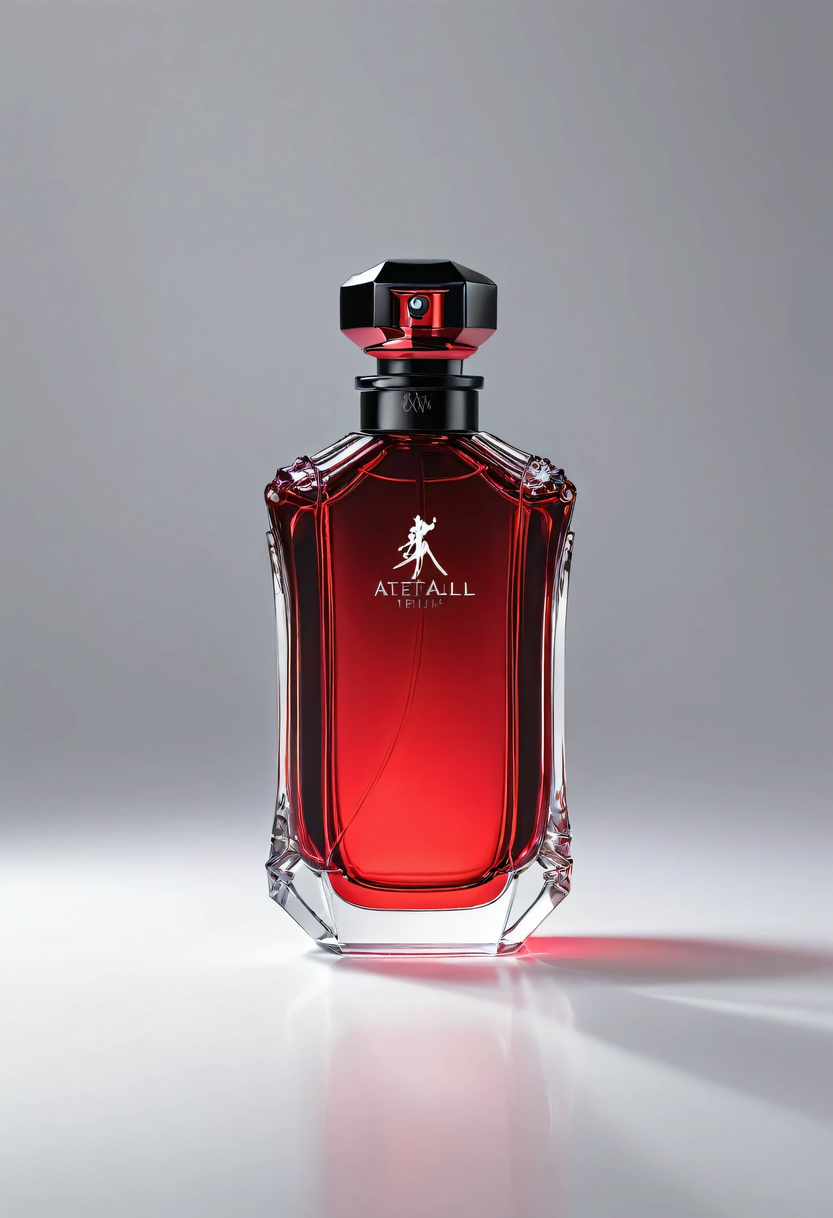 (masterpiece, highest quality, highest quality, Official Art, beautifully),(8k, highest quality, masterpiece:1.2),(((No humans))), CG products asw, No humanetallic))), (((Attach metallic ribbon)))、White background、Red and black theme、Depth of written boundary,Blurred (((Whitebackground)))、Spotlight、One perfume、The contents of the perfume shine beautifully、Bright and overall、The bottle design is simple and small.、The cap is black。(((Perfume logos are a must『Crimson』)))Do not enter any other characters。Crimson、((Only one bottle))