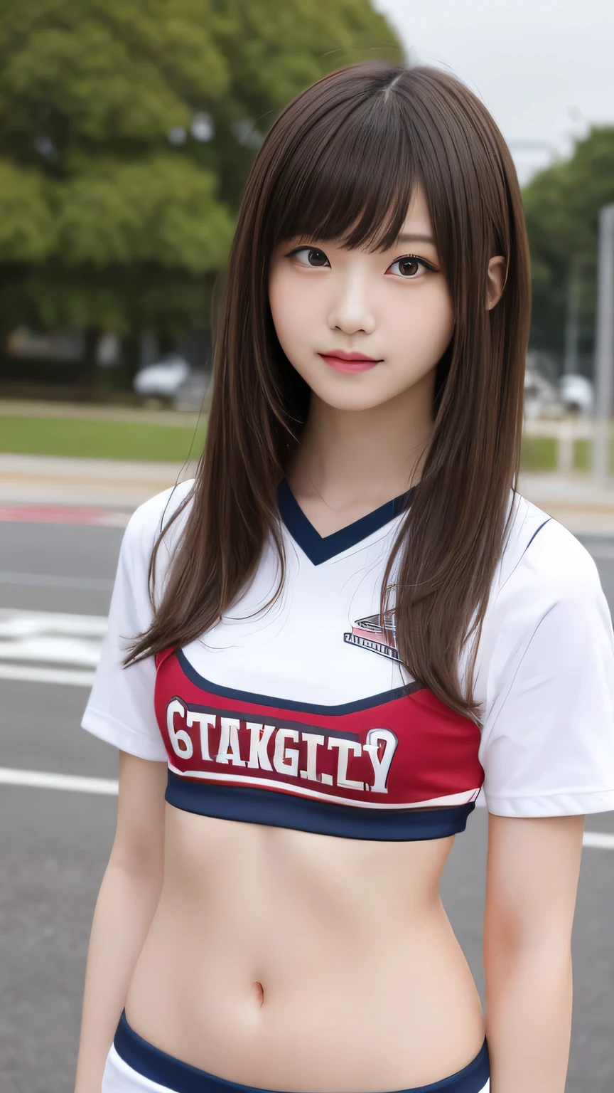 Cute Cheergirl、Sexy Big 、A cute -yeld giwith a sexy and cute look, beautiful and sexy face、A strong wind blows my hair in front of my face、With straight blonde hair、beautiful, Cute and sexy eyes hidden behind long bangs、Sexy Cheerleader