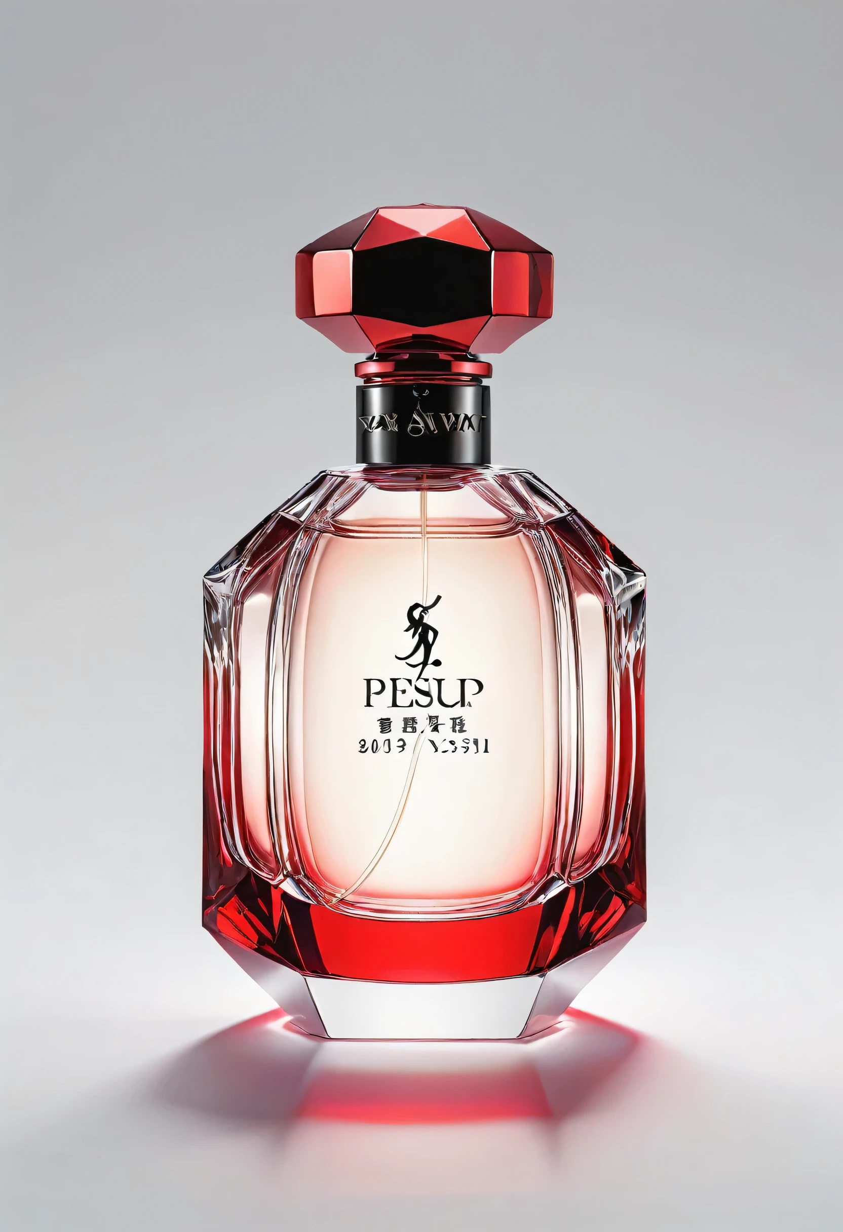(masterpiece, highest quality, highest quality, Official Art, beautifully),(8k, highest quality, masterpiece:1.2),(((No humans))), CG products asw, No humanetallic))), (((Attach metallic ribbon)))、White background、Red and black theme、Depth of written boundary,Blurred (((Whitebackground)))、Spotlight、One perfume、The contents of the perfume shine beautifully、Bright and overall、The bottle design is simple and small.、The cap is black。(((Perfume logos are a must『Crimson』)))Do not enter any other characters。Crimson、((Only one bottle))