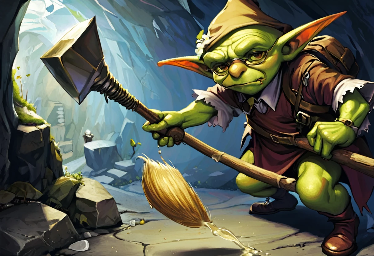 A goblin magician, he has a small black beard, he has woven the hair growing from his ears into a top knot, he has a bag of squirming spell component, tattered robe, and a pickaxe. set in a cavern