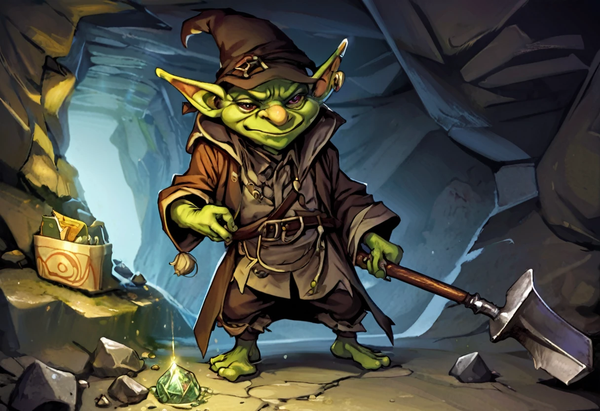 A goblin magician, he has a small black beard, he has woven the hair growing from his ears into a top knot, he has a bag of squirming spell component, tattered robe, and a pickaxe. set in a cavern