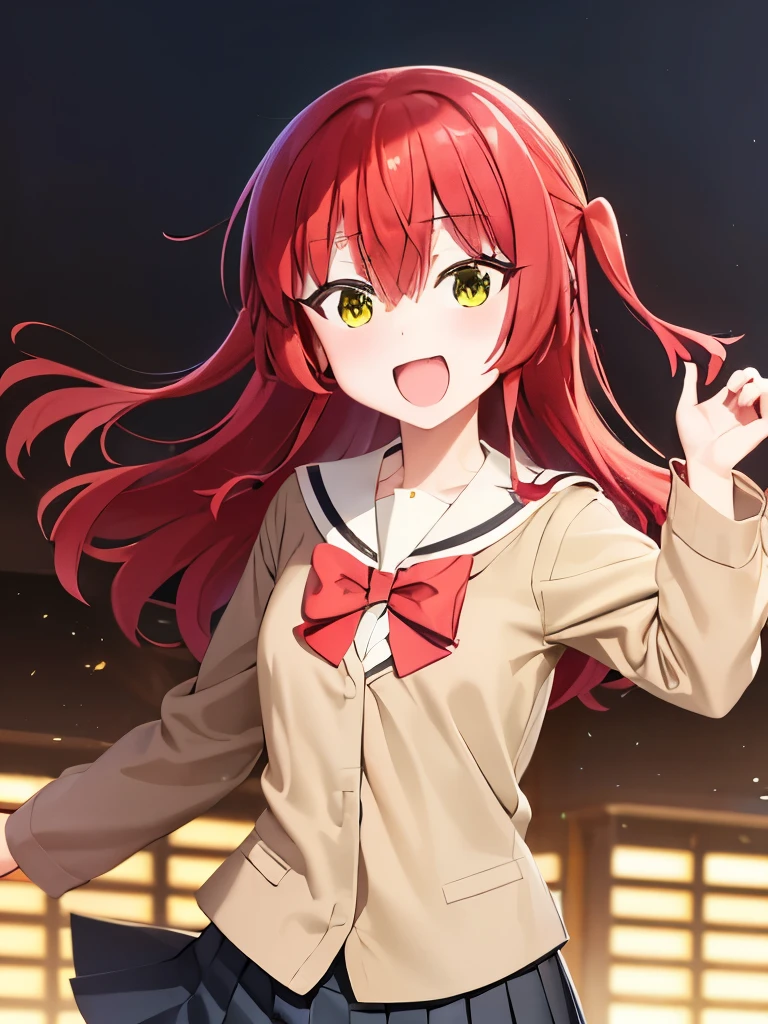 aaikuyo, long hair, one side up, , sailor collar, red bowtie, (brown shirt:1.2), buttons, long sleeves, pleated skirt, black skirt, A city scape, face of happiness, smile mouth 