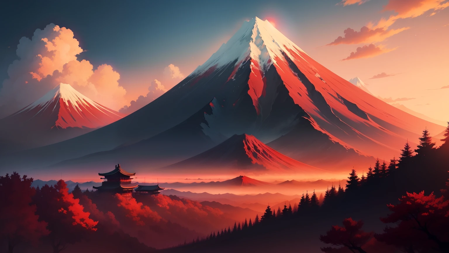 Beautiful Red Fuji, Japanese Anime Style, Samurai Champloo Style, Landscape Image