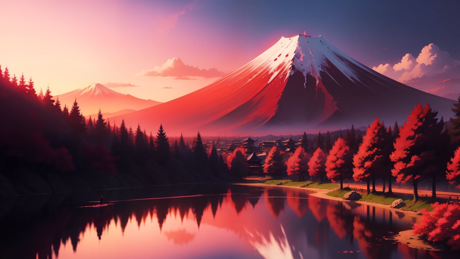 Beautiful Red Fuji, Japanese Anime Style, Samurai Champloo Style, Landscape Image