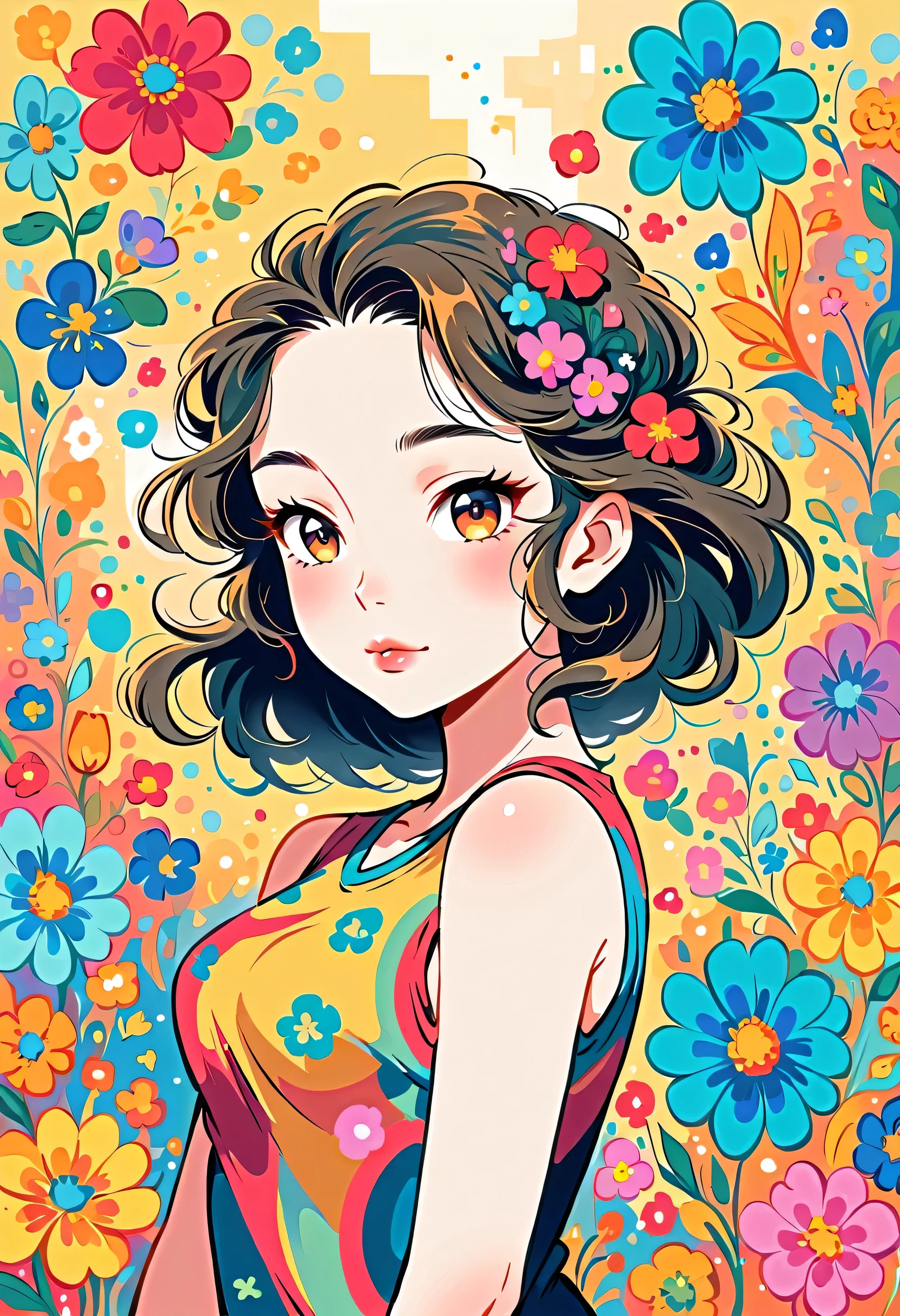 Yomu style, The most beautiful girl of all time,Lips in Love, colorful flowers, Simple Line Initialism,Abstract art,Urban Background