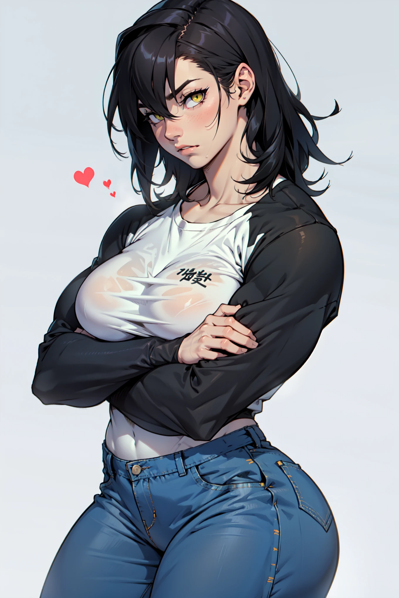 sad girl muscular muscular muscular breasts breasts breasts thick thick thick thick black hair yellow eyes pale skin pale skin thick thick thick long sleeve dark atmosphere thick thick thick thick thick thick muscular simple background sad sad sad sad tigth shirt