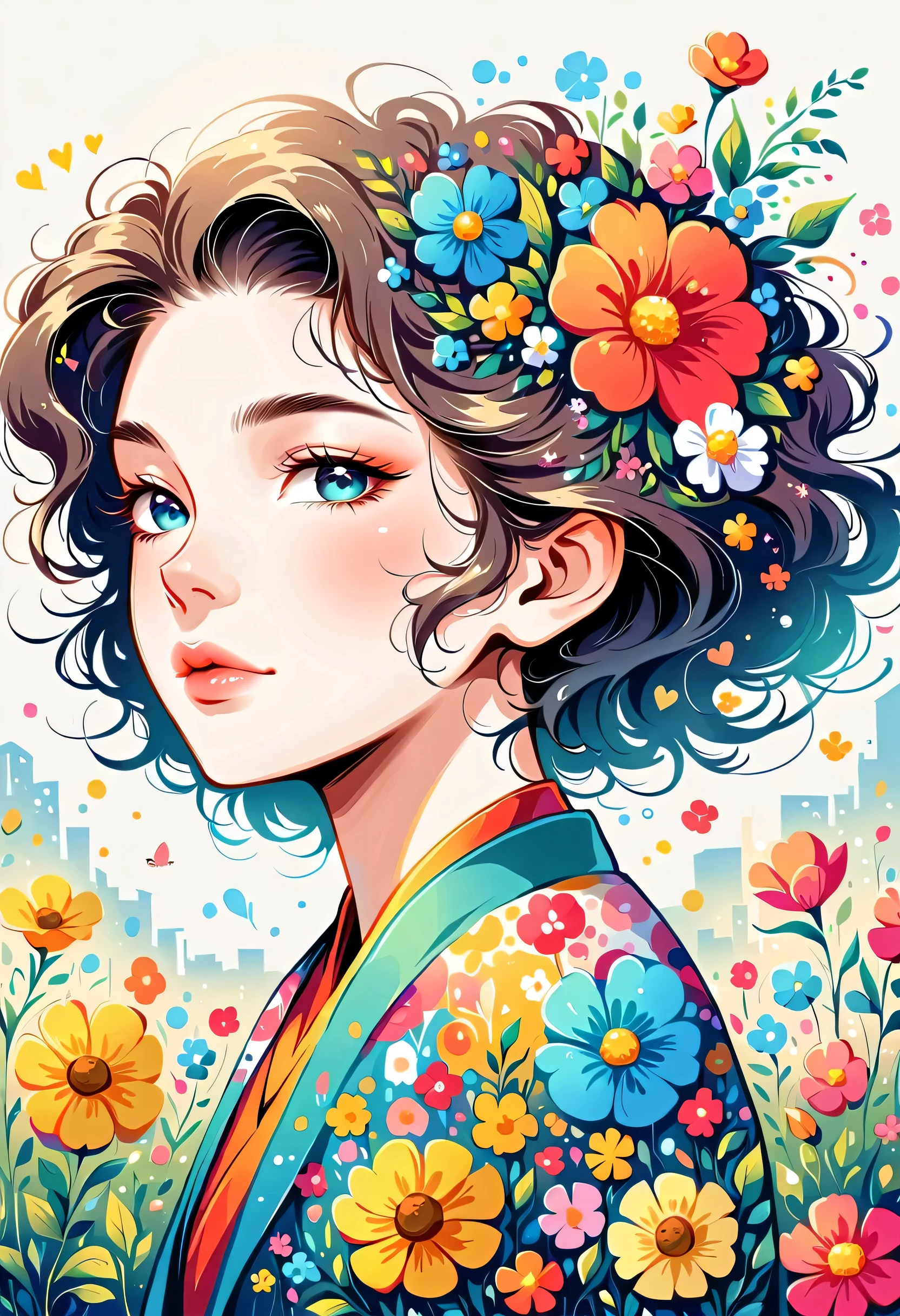 Yomu style, The most beautiful girl of all time,Lips in Love, colorful flowers, Simple Line Initialism,Abstract art,Urban Background
