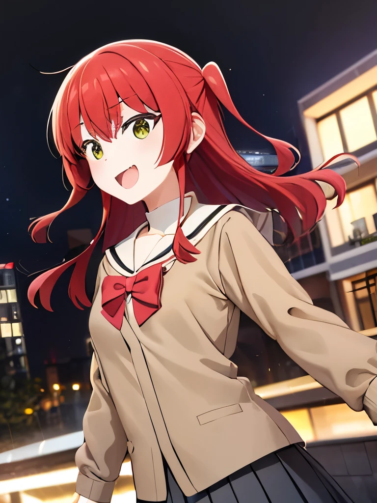 aaikuyo, long hair, one side up, , sailor collar, red bowtie, (brown shirt:1.2), buttons, long sleeves, pleated skirt, black skirt, A city scape, face of happiness, smile mouth 