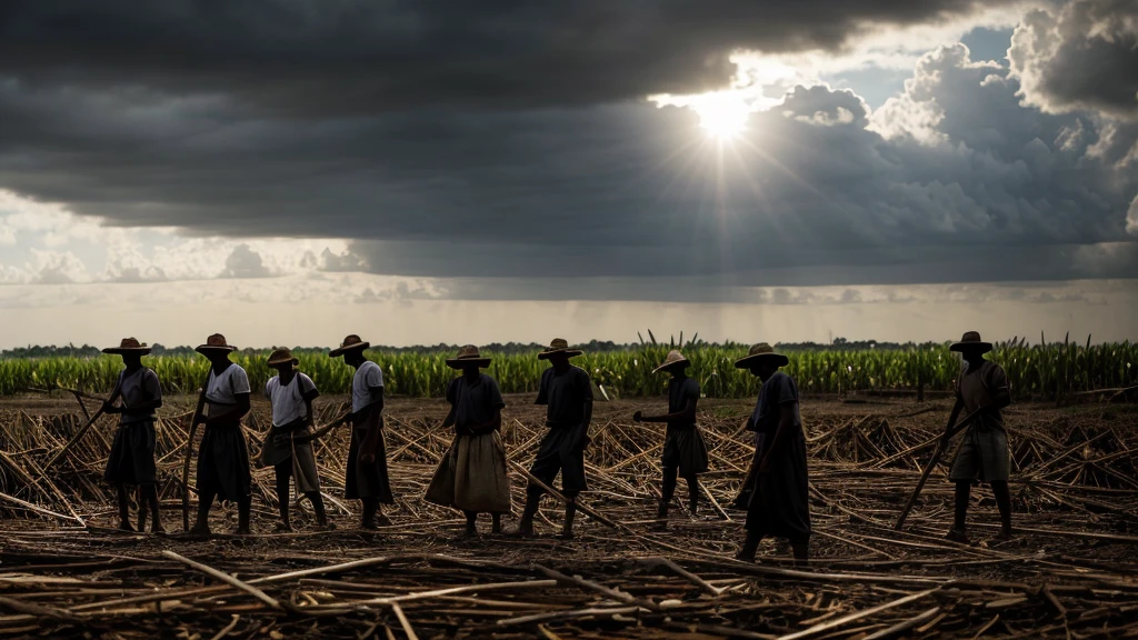 A powerful and evocative photo of African-American laborers working in a vast, sunny sugar cane field in 19th century Brazil. The workers, dressed in traditional clothes, use machetes to cut the tall canes, their faces marked by determination and exhaustion. The sky above is a dramatic mix of dark clouds and patches of sunlight. The image has a cinematic feel, capturing a dark and moving moment in history., photo, cinematic