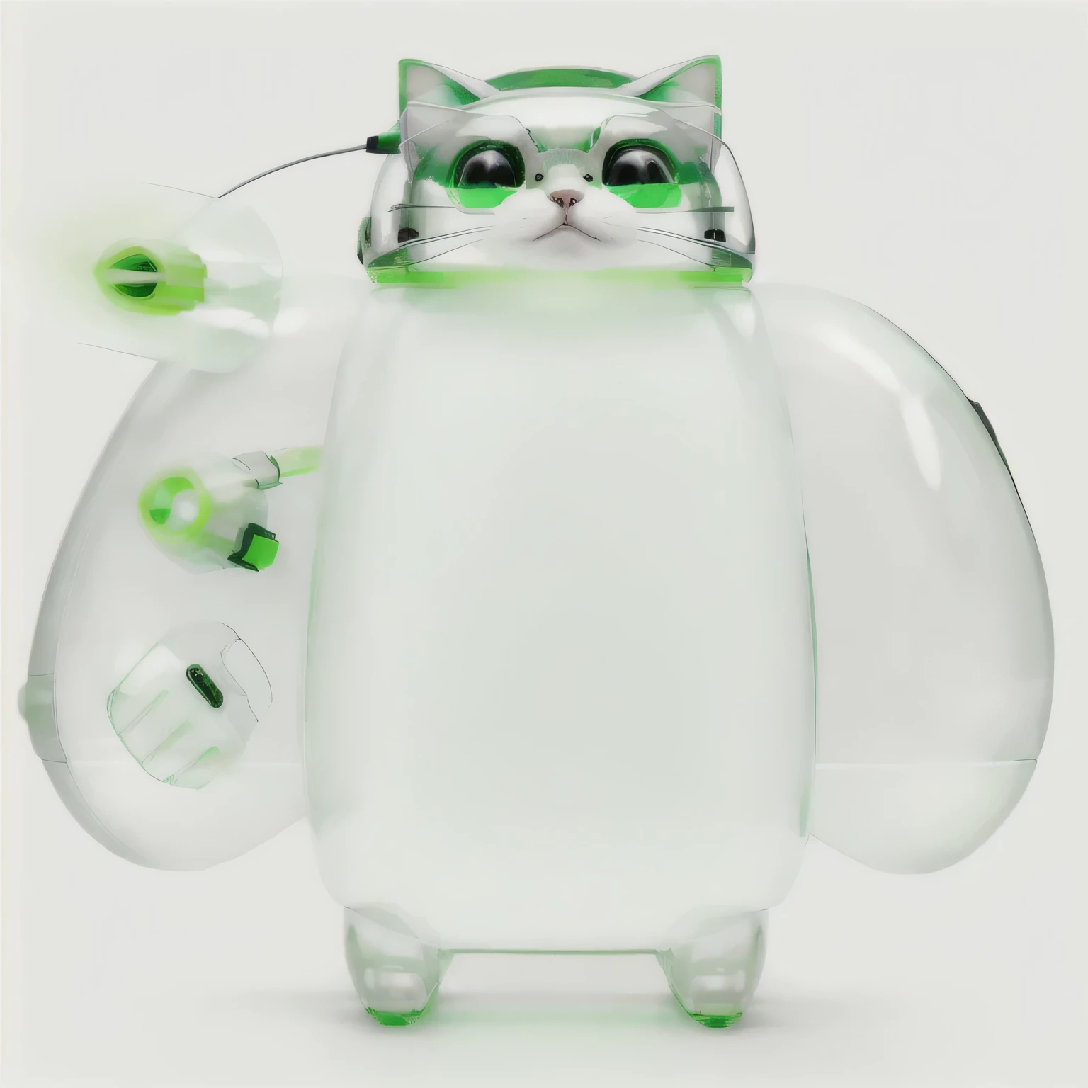 A future cat，The body is green，luminescent，，With headphones，Cute and adorable，Wearing a transparent space suit